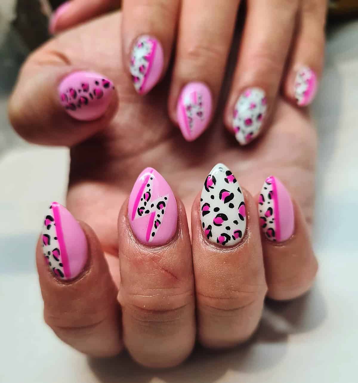lightning bolt leopard pink leopard print nails