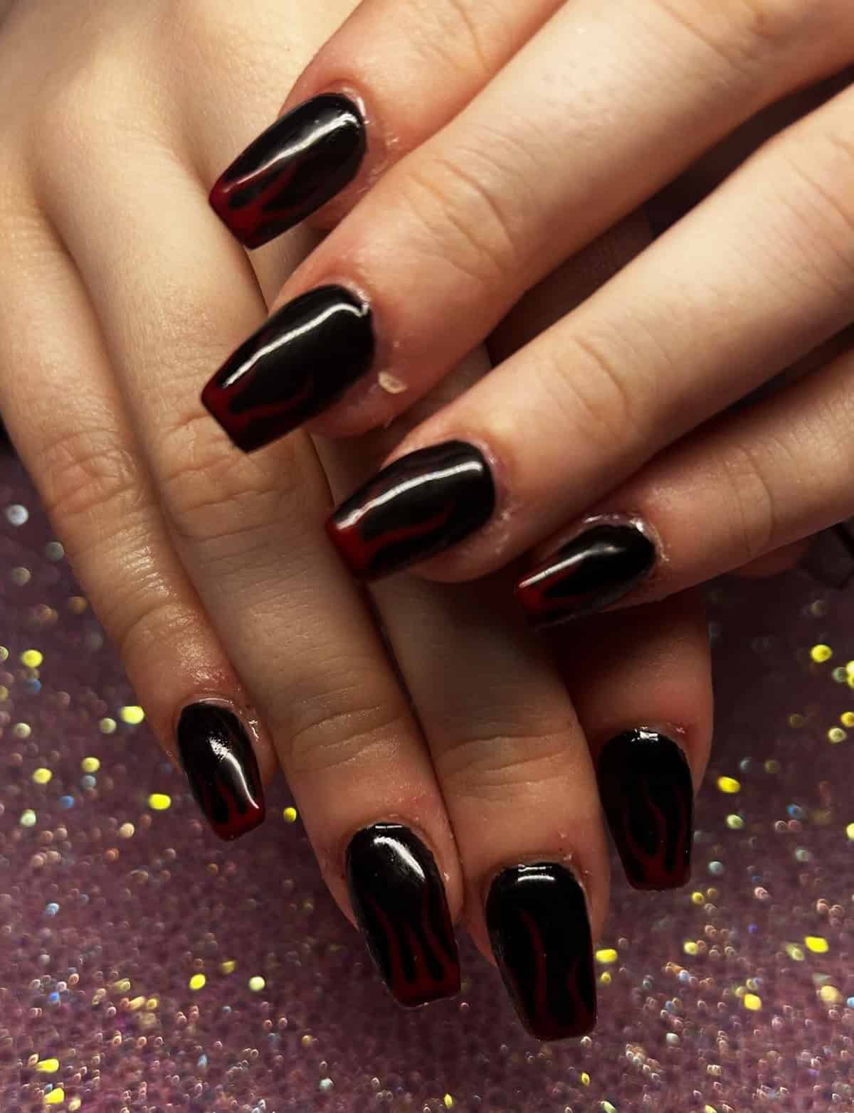 black crimson subtle flame nails