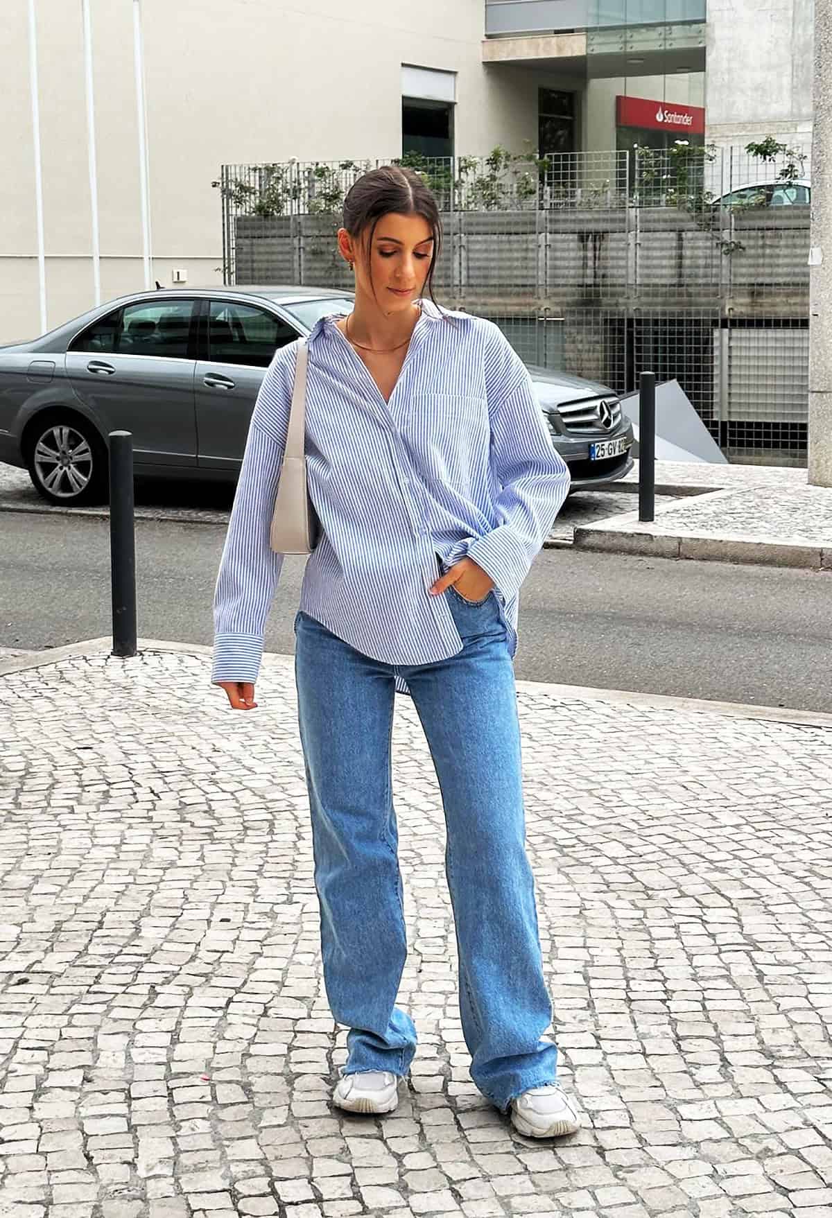 striped shirt wide-leg light jeans for casual friday