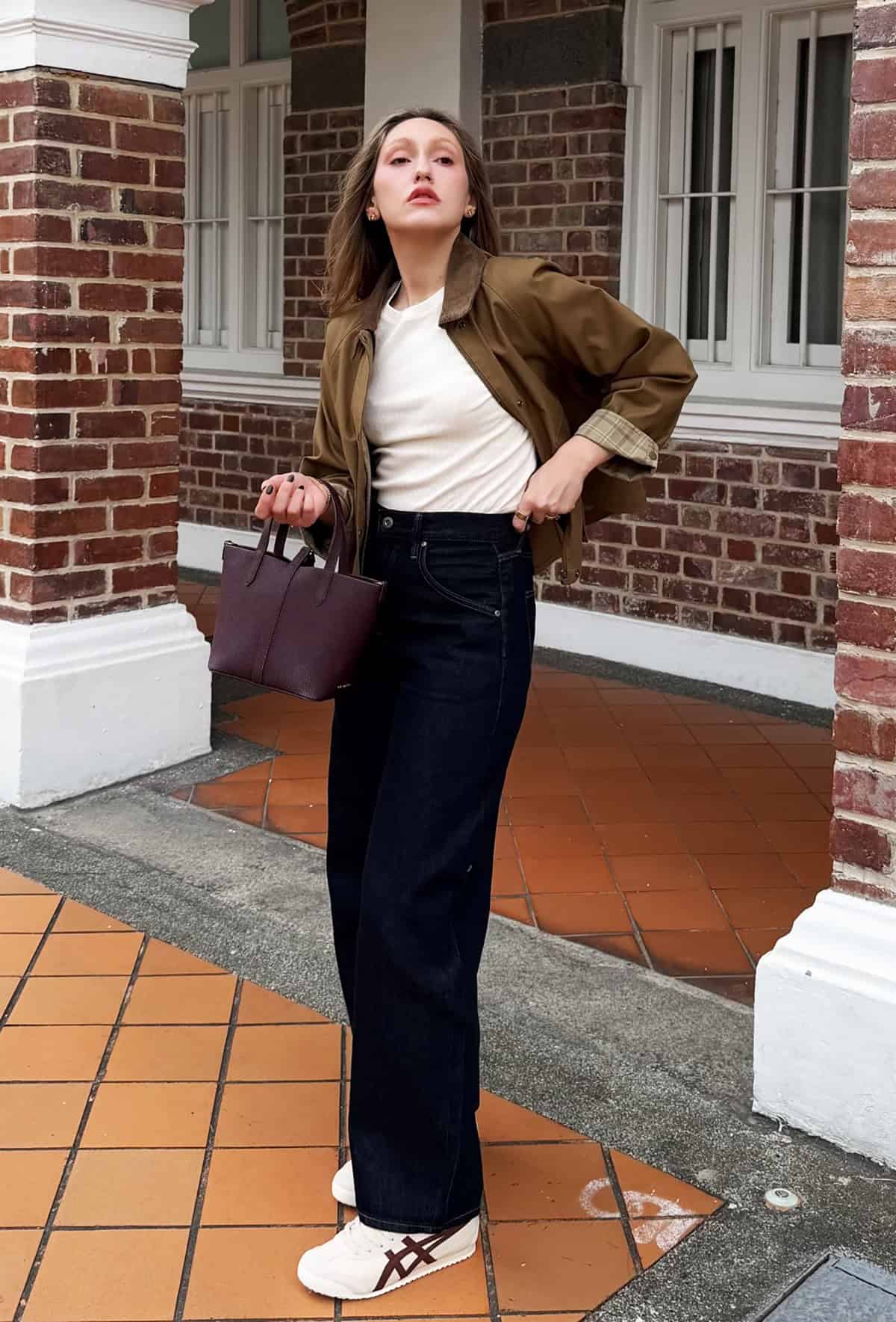 olive jacket dark navy wide jeans for casual friday