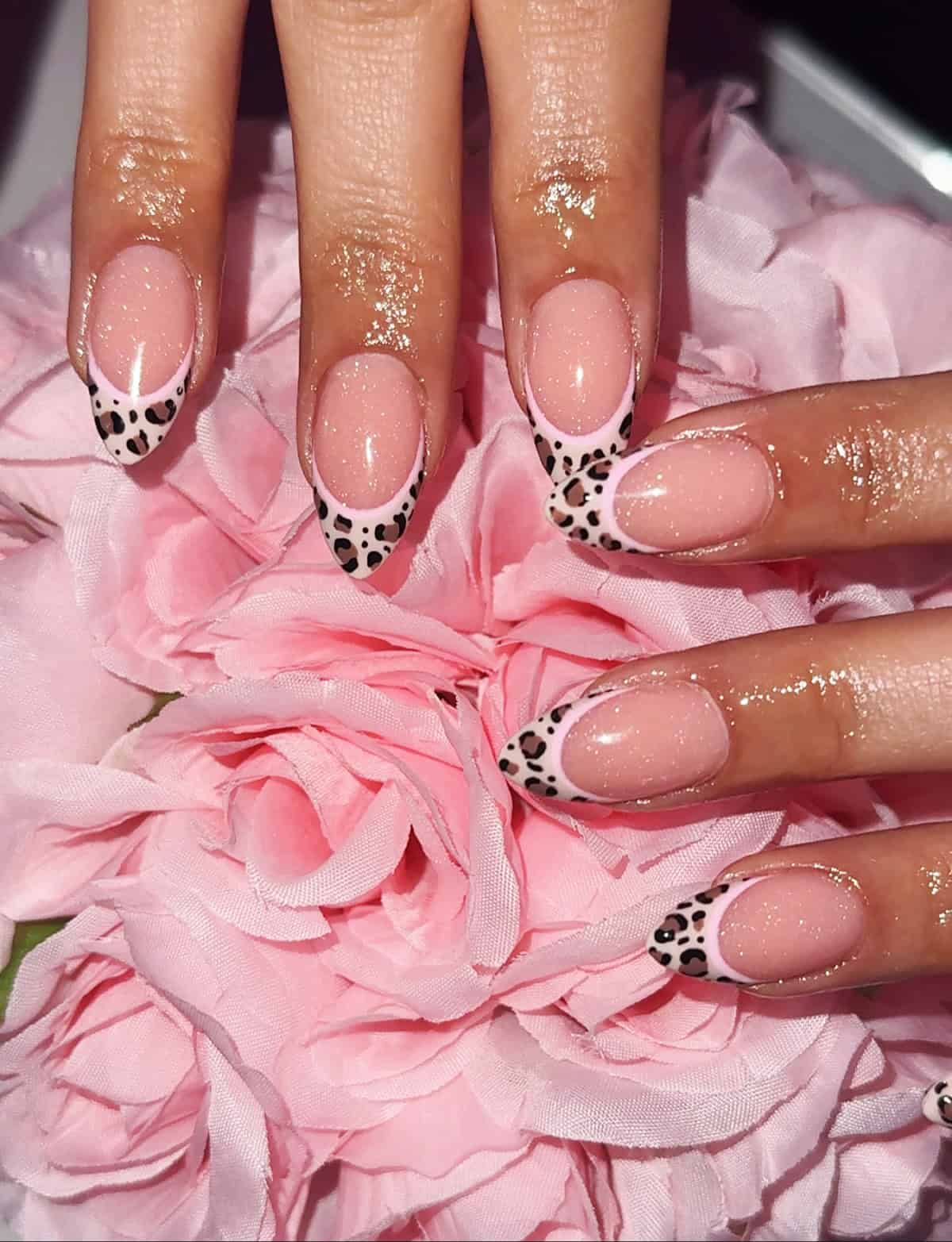 pink glitter white cheetah tips cheetah print nails