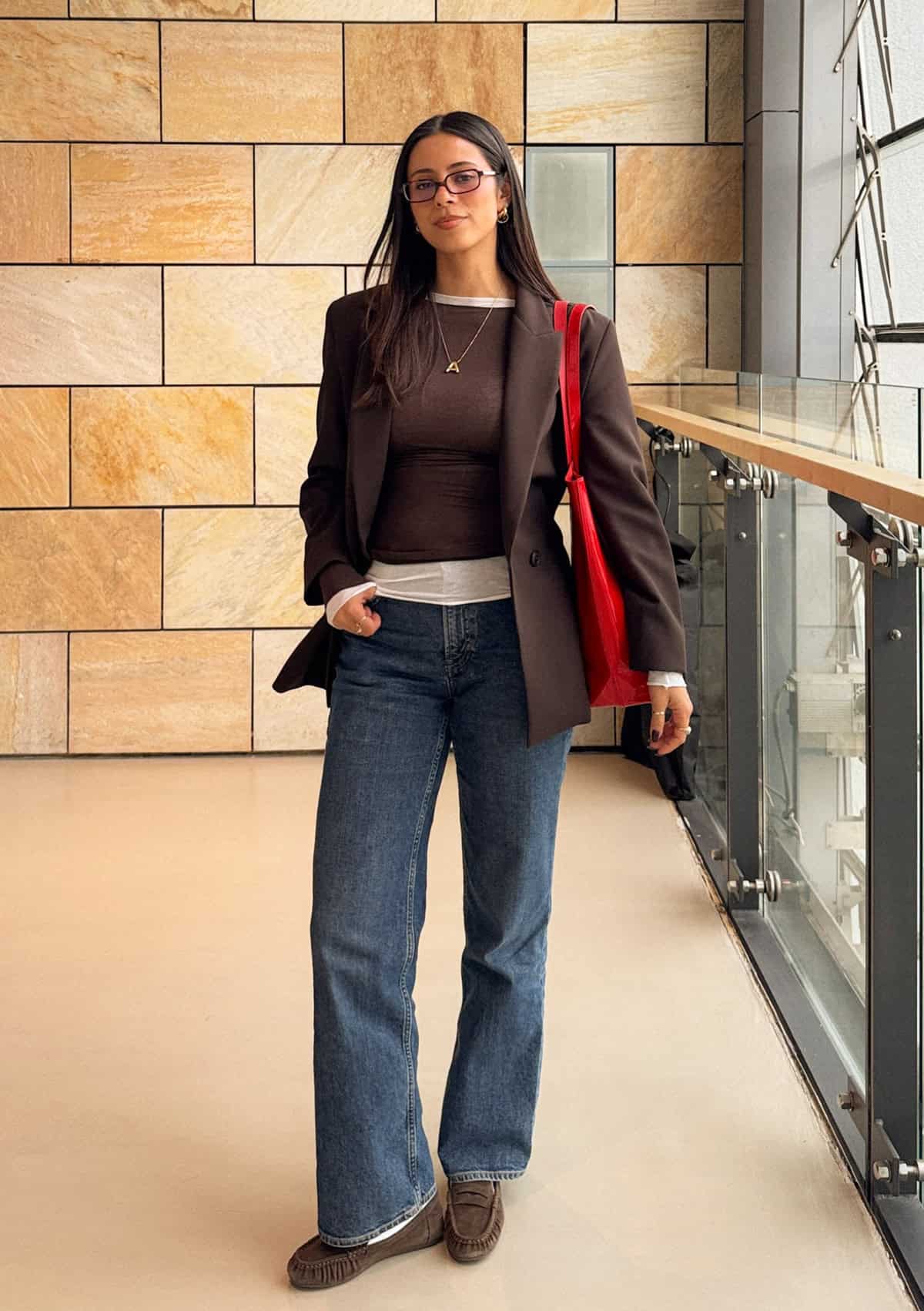 brown blazer wide leg jeans outfit office attire for women