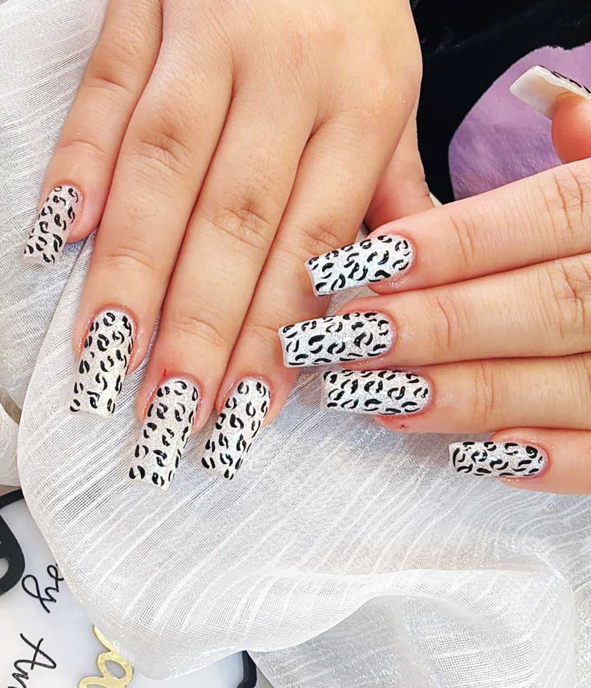 silver glitter coffin black leopard print nails