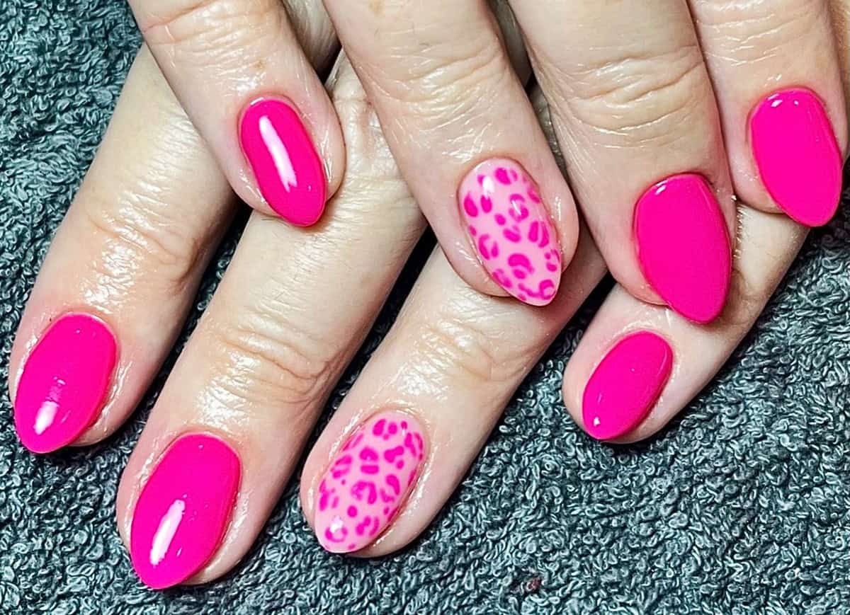 pink accent leopard pink leopard print nails