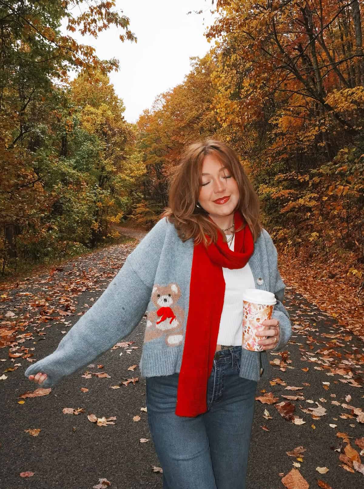 grey bear cardigan red scarf jeans and sweaters for fall