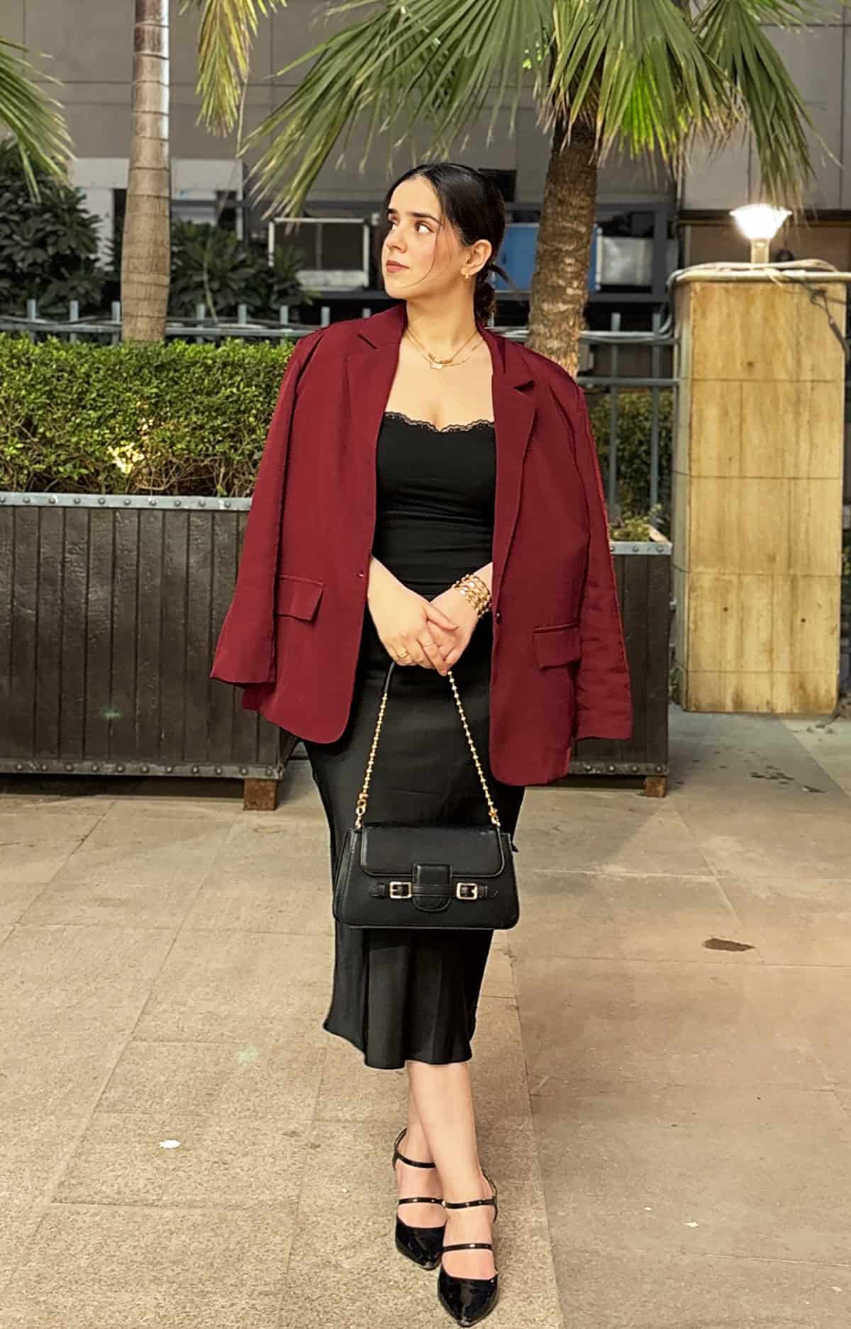 burgundy blazer black slip dress office attire for corporate women