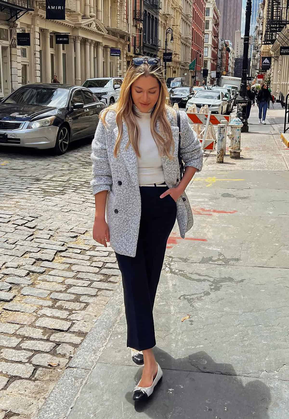 grey coat turtleneck navy trouser outfit office attire for women