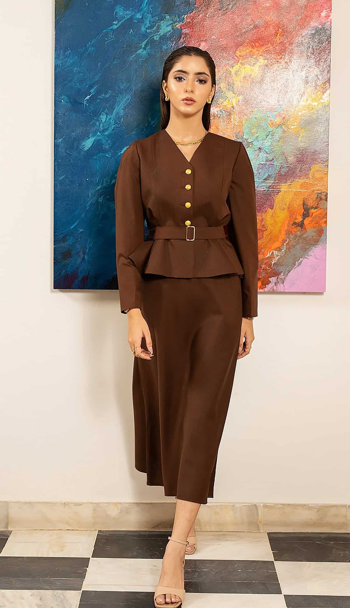 brown peplum belted midi skirt office attire for corporate women
