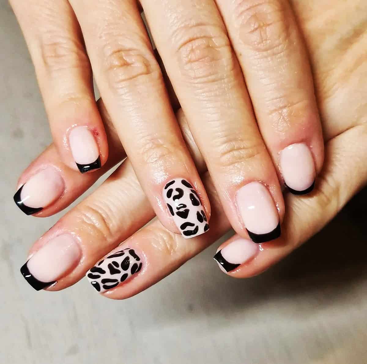 short blush French accent black leopard print nails