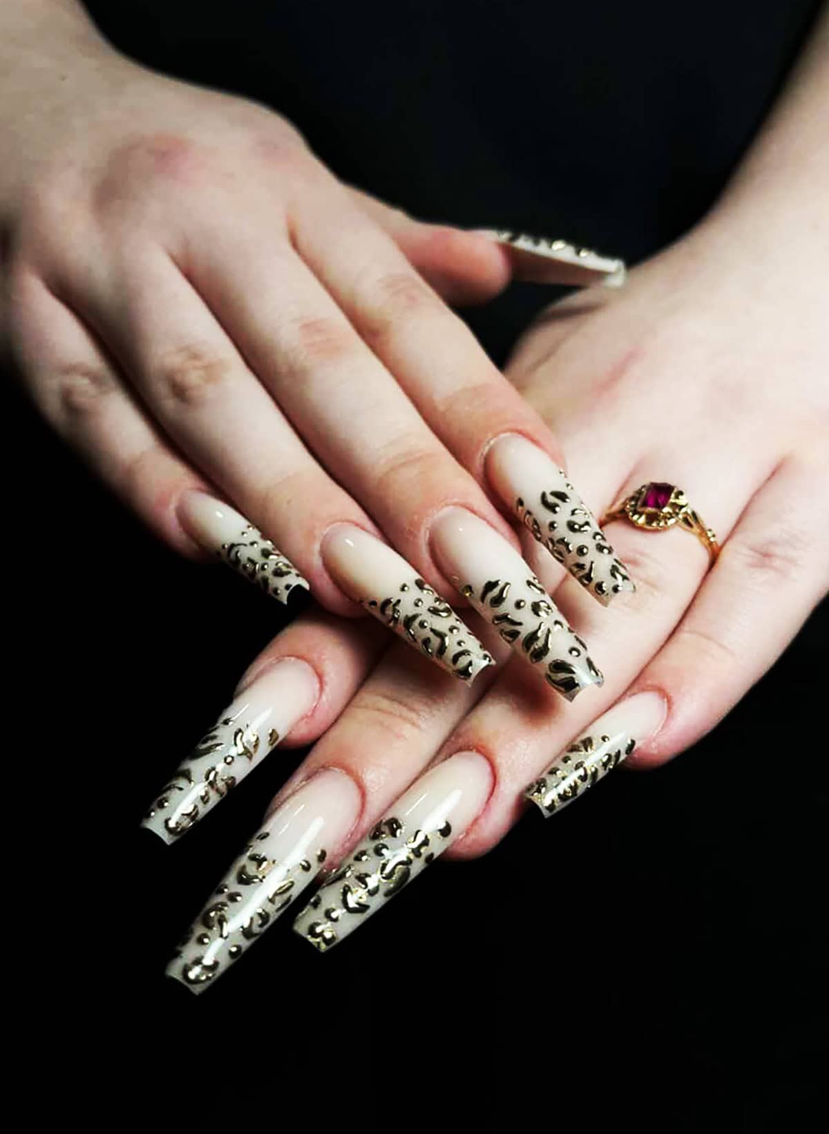 long square 3D gold cheetah print nails
