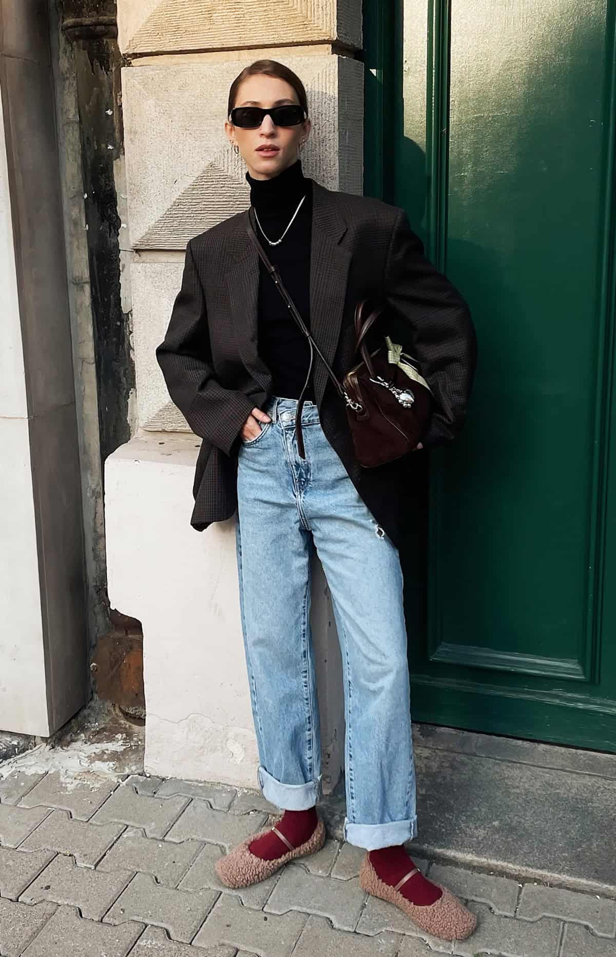 black turtleneck blazer light denim jeans and sweaters for fall