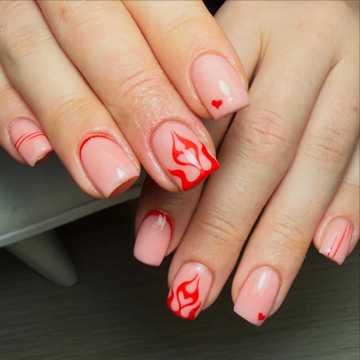 short mixed flame heart nails