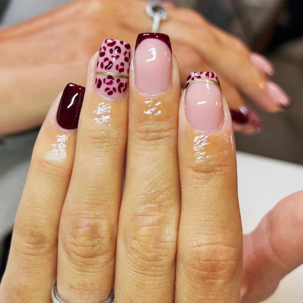 plum pink leopard French nails fall leopard print nails