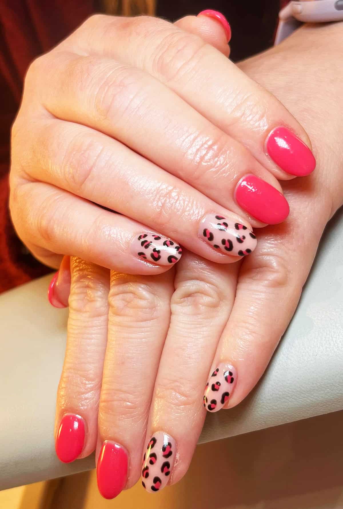 hot pink nude accent short leopard print nails