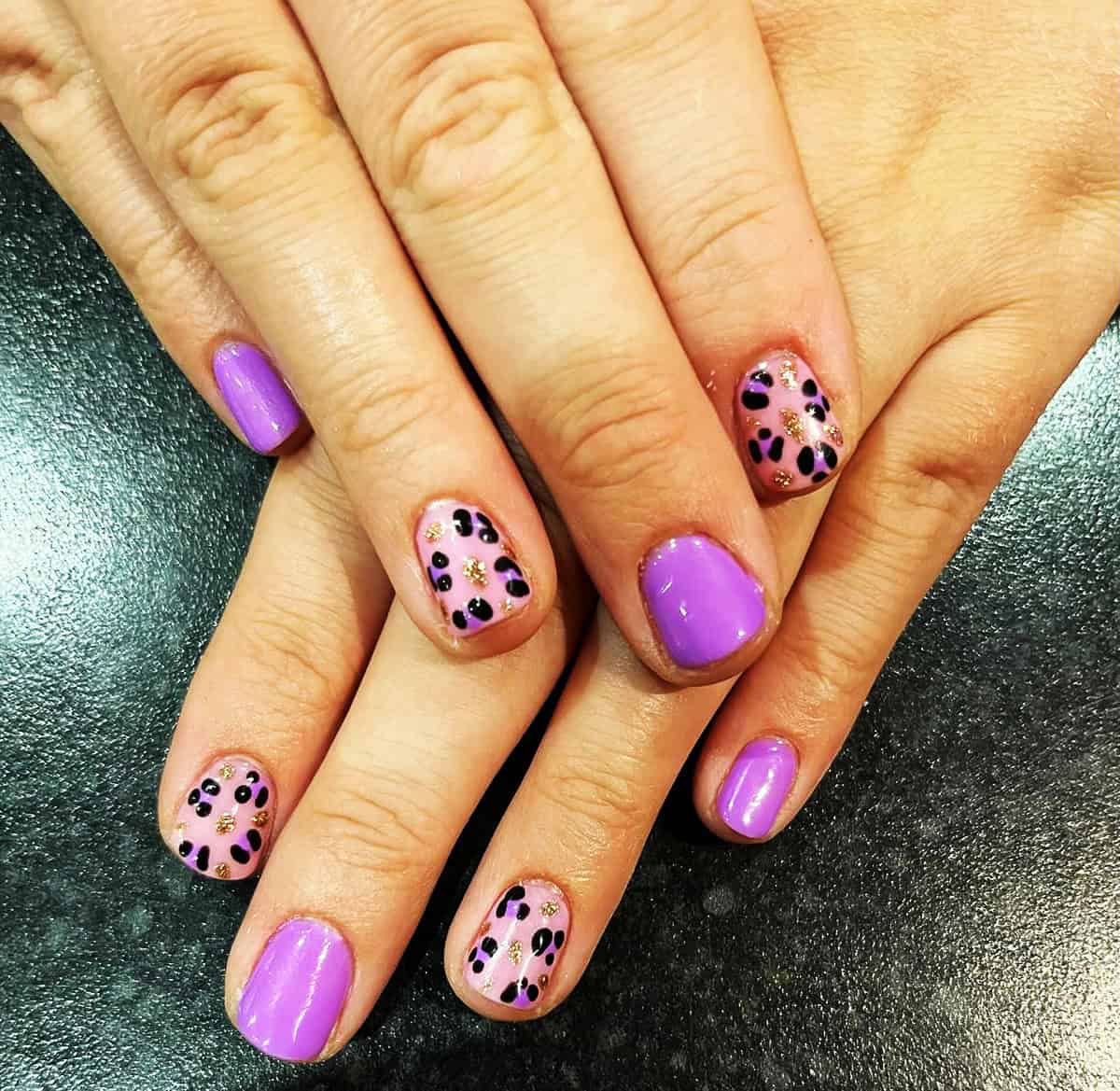 purple pink gold flake short leopard print nails