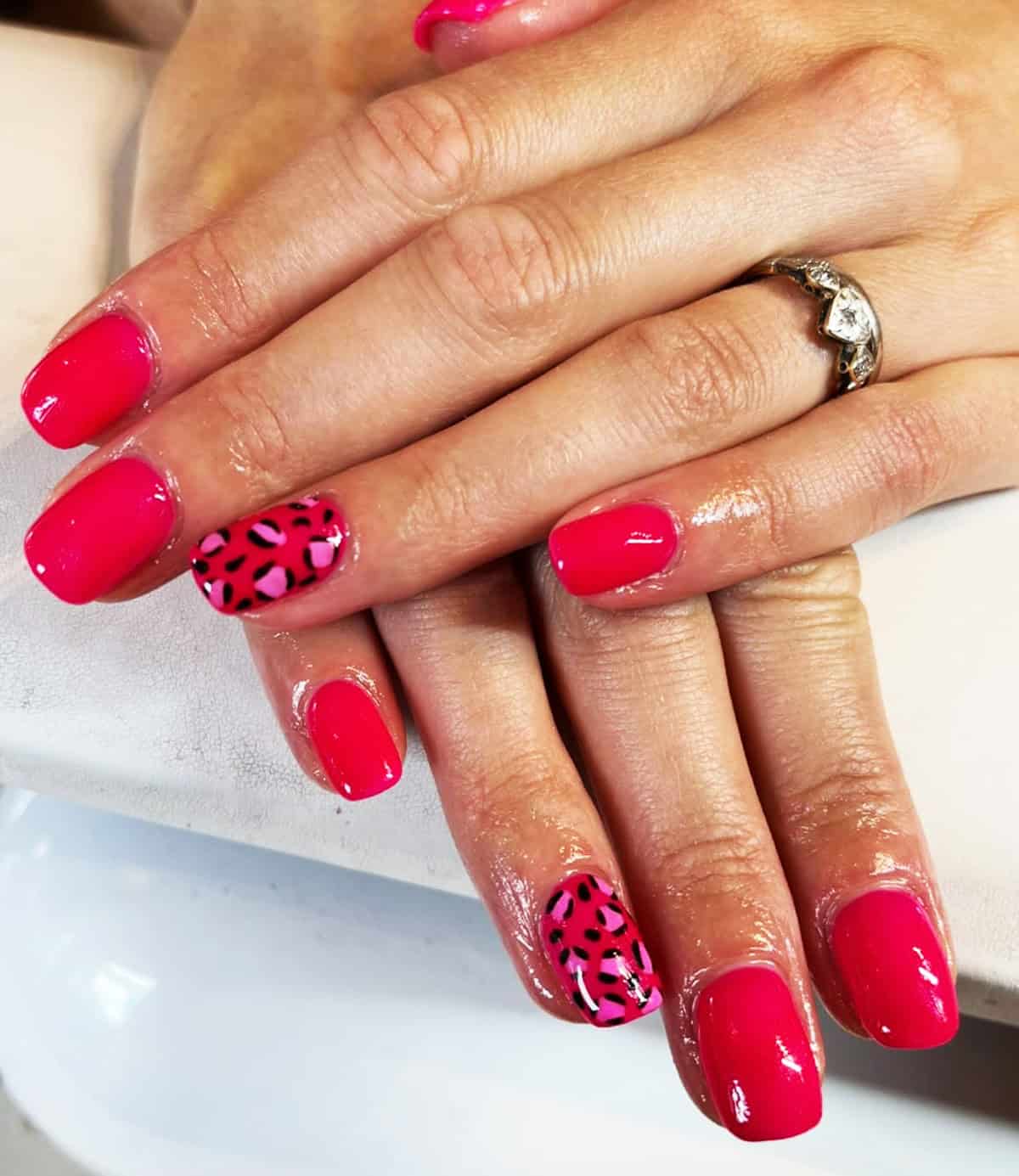  raspberry leopard accent pink leopard print nails