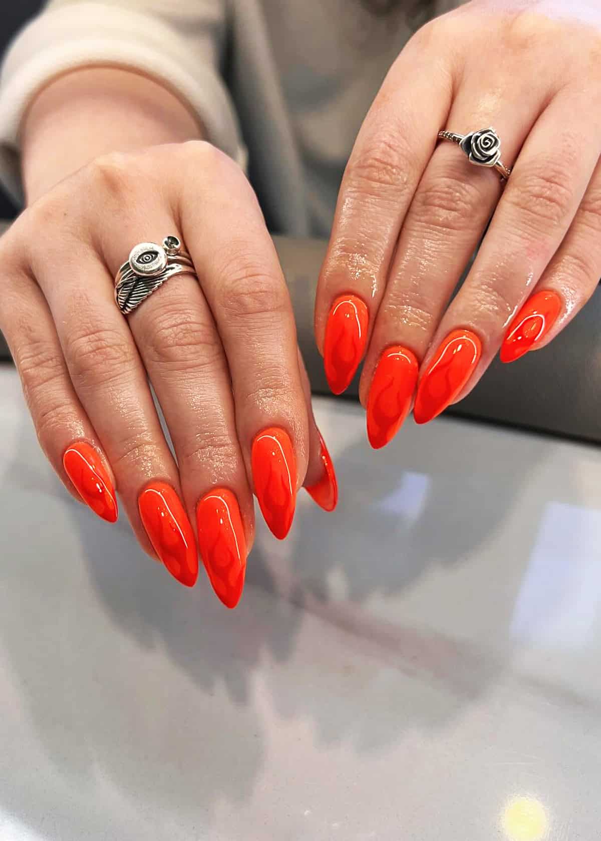 solid orange red flame nails