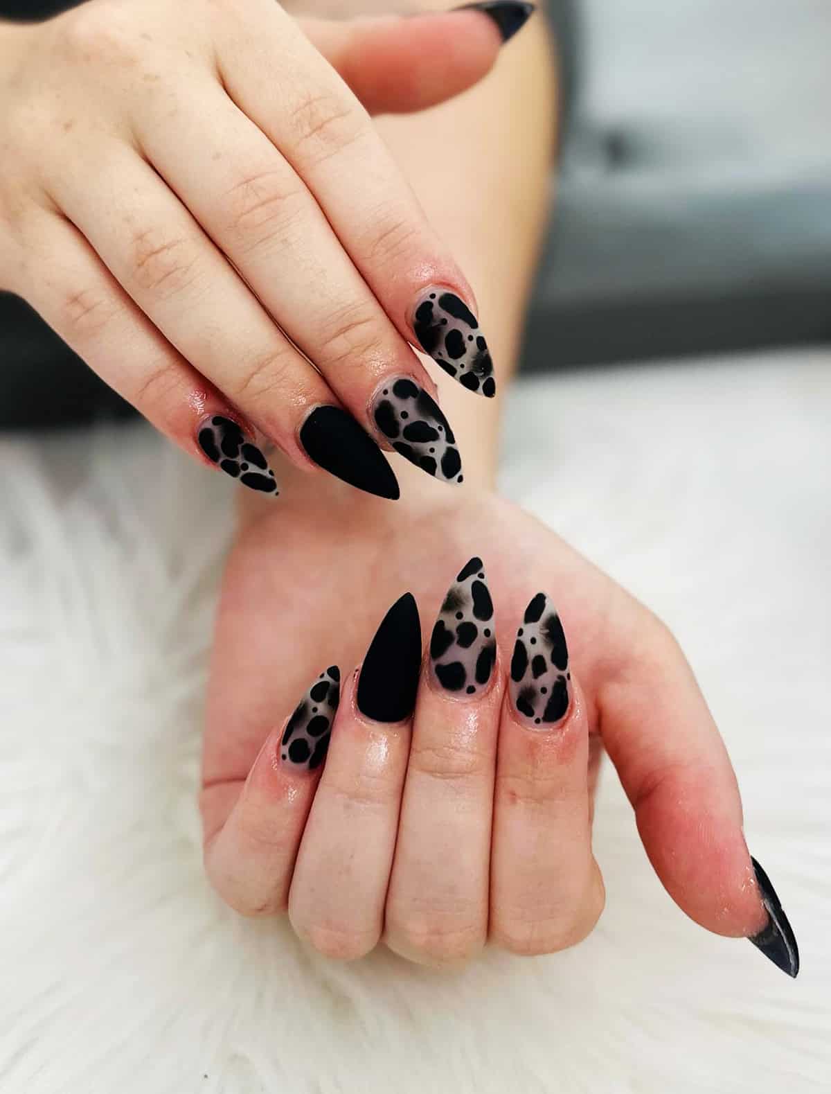 matte stiletto oversized black leopard print nails
