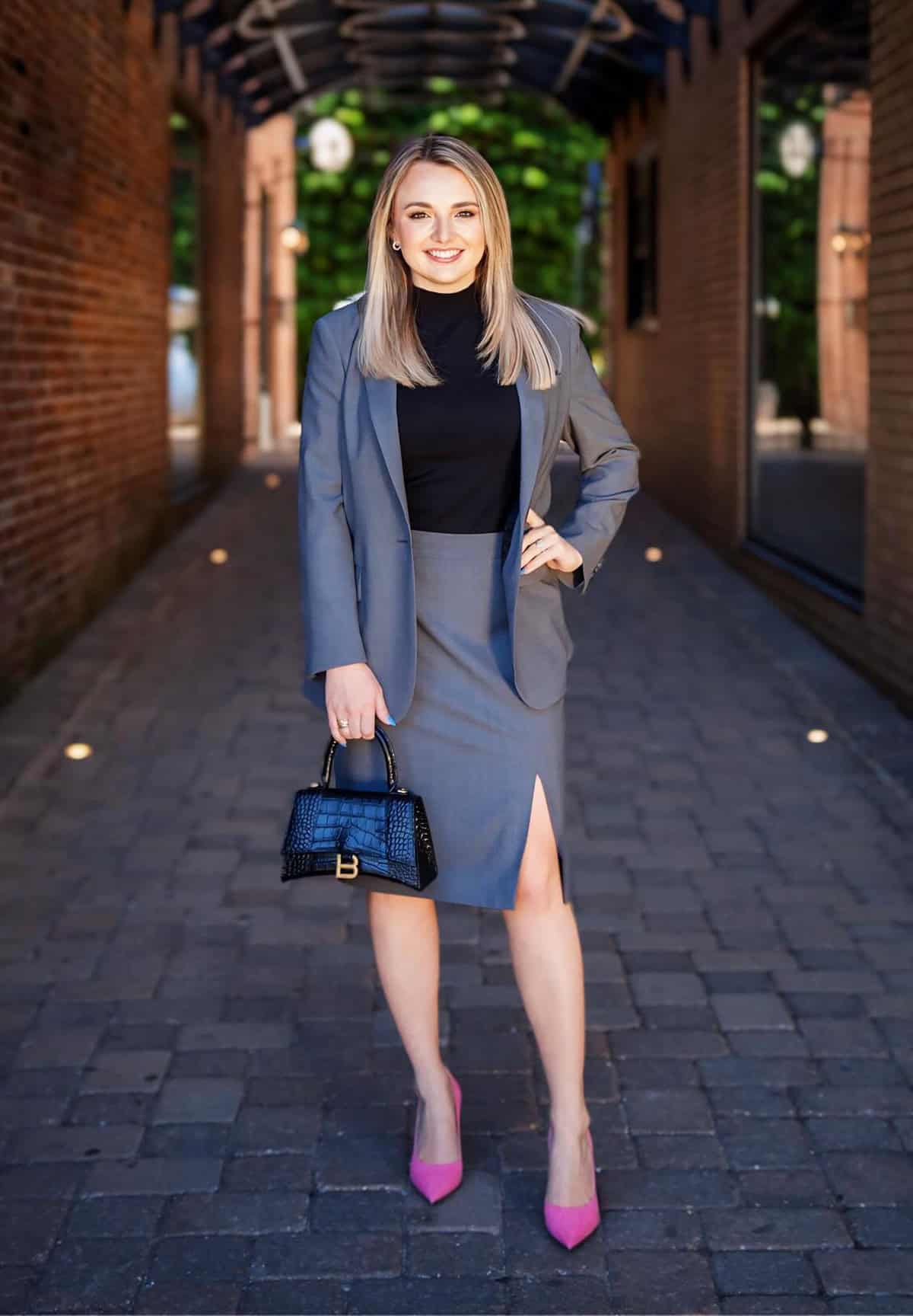 grey blazer skirt suit office attire for corporate women