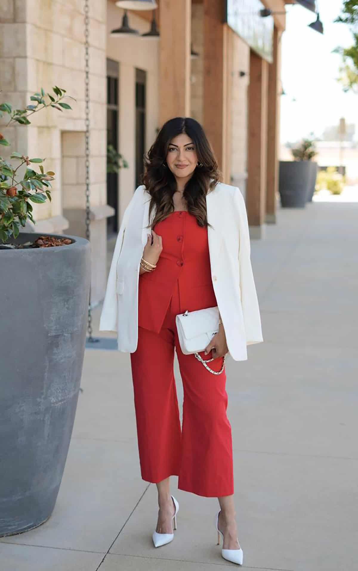 red sleeveless top and cropped trousers with white blazer and heels for a bold summer office outfit, Office Attire for Summer