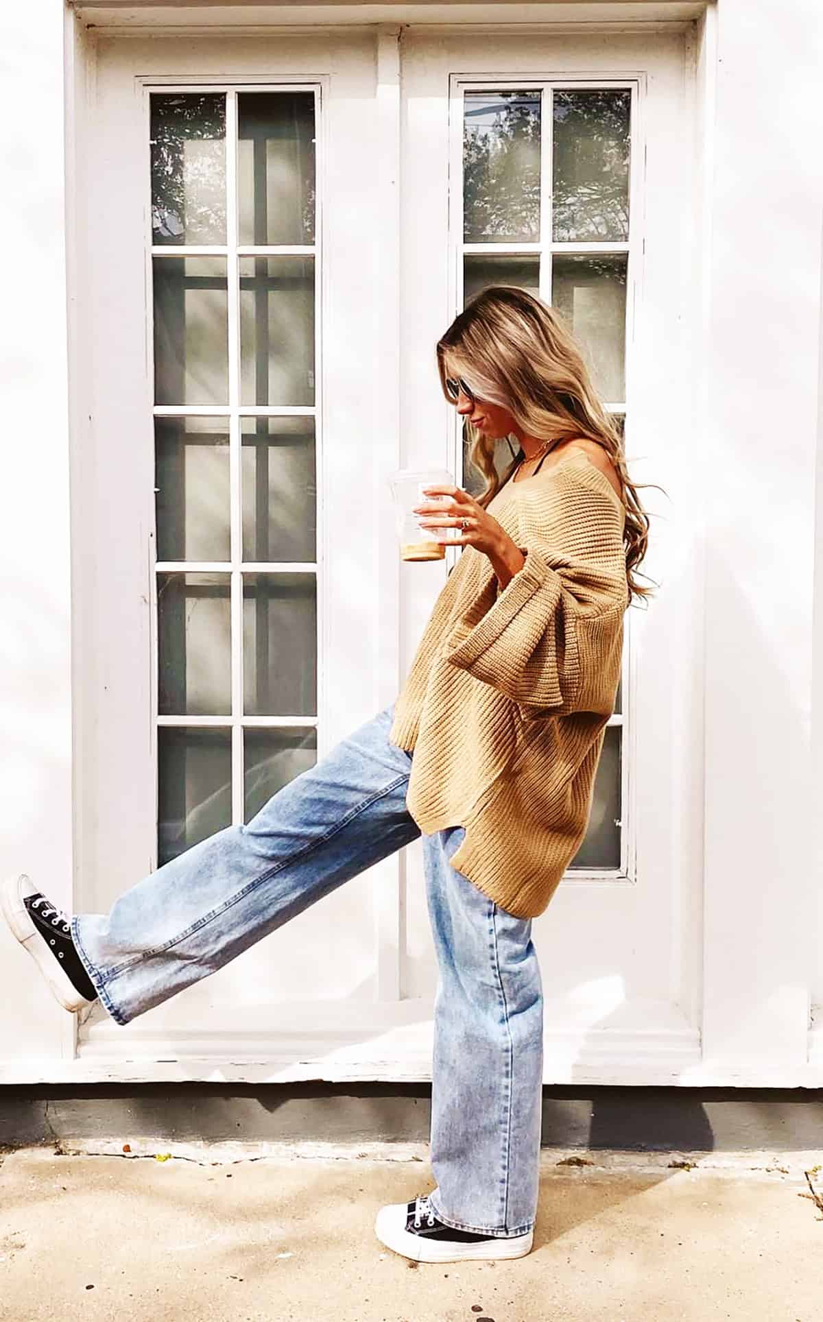 camel waffle knit wide-leg jeans and sweaters for fall