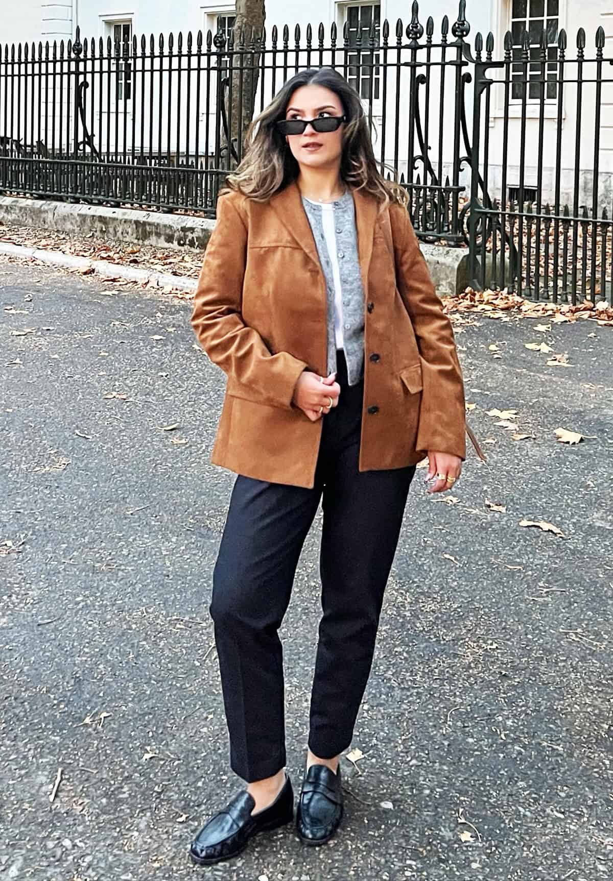 tan suede blazer navy trouser outfit office attire for women