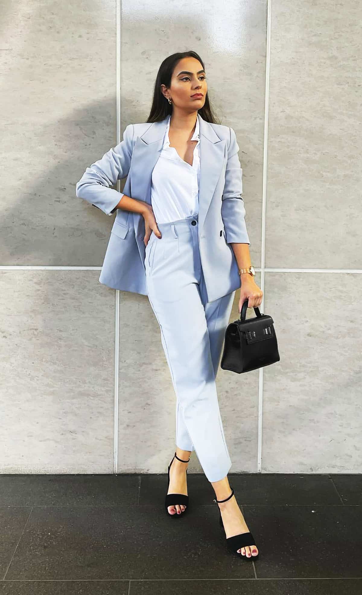 powder blue pantsuit office attire for corporate women