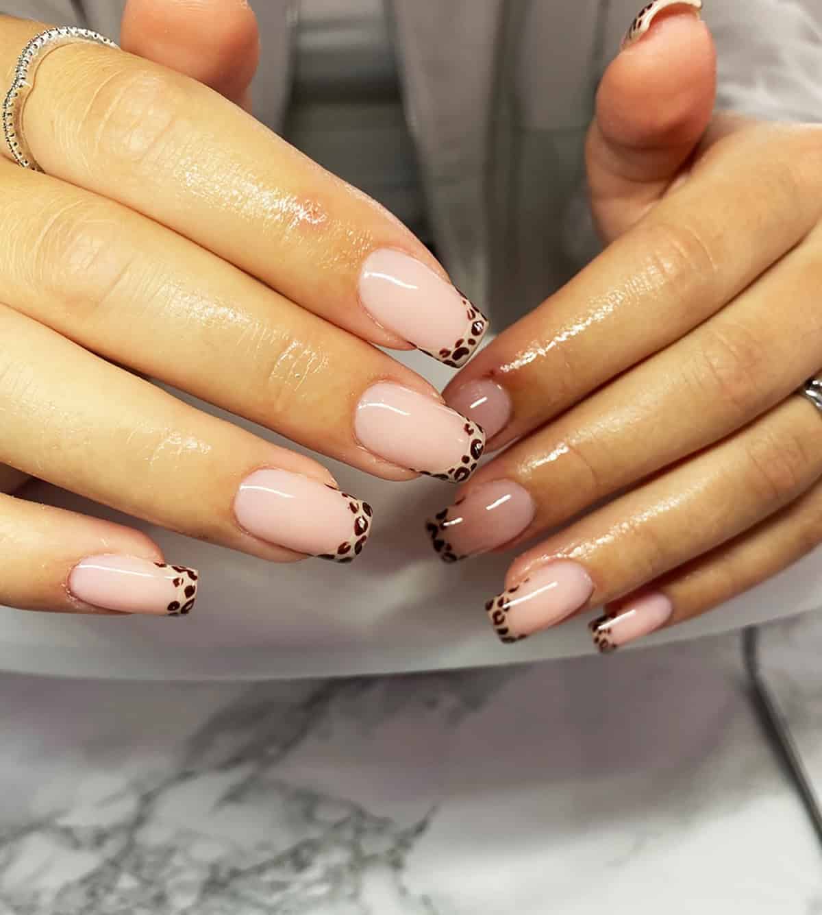 blush thin leopard French tips fall leopard print nails