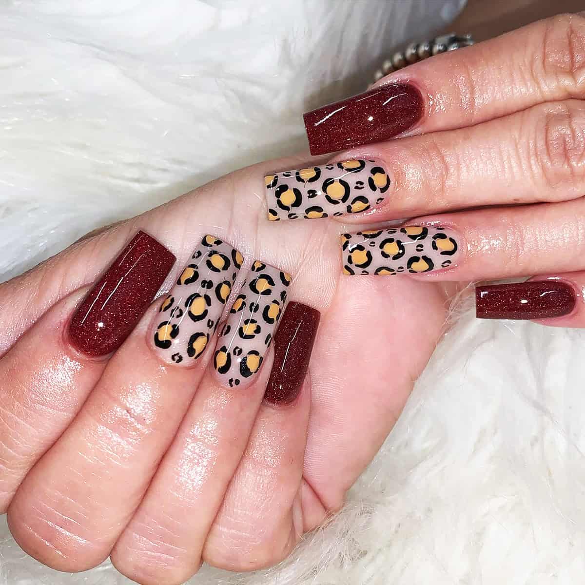 burgundy glitter leopard accent nails fall leopard print nails
