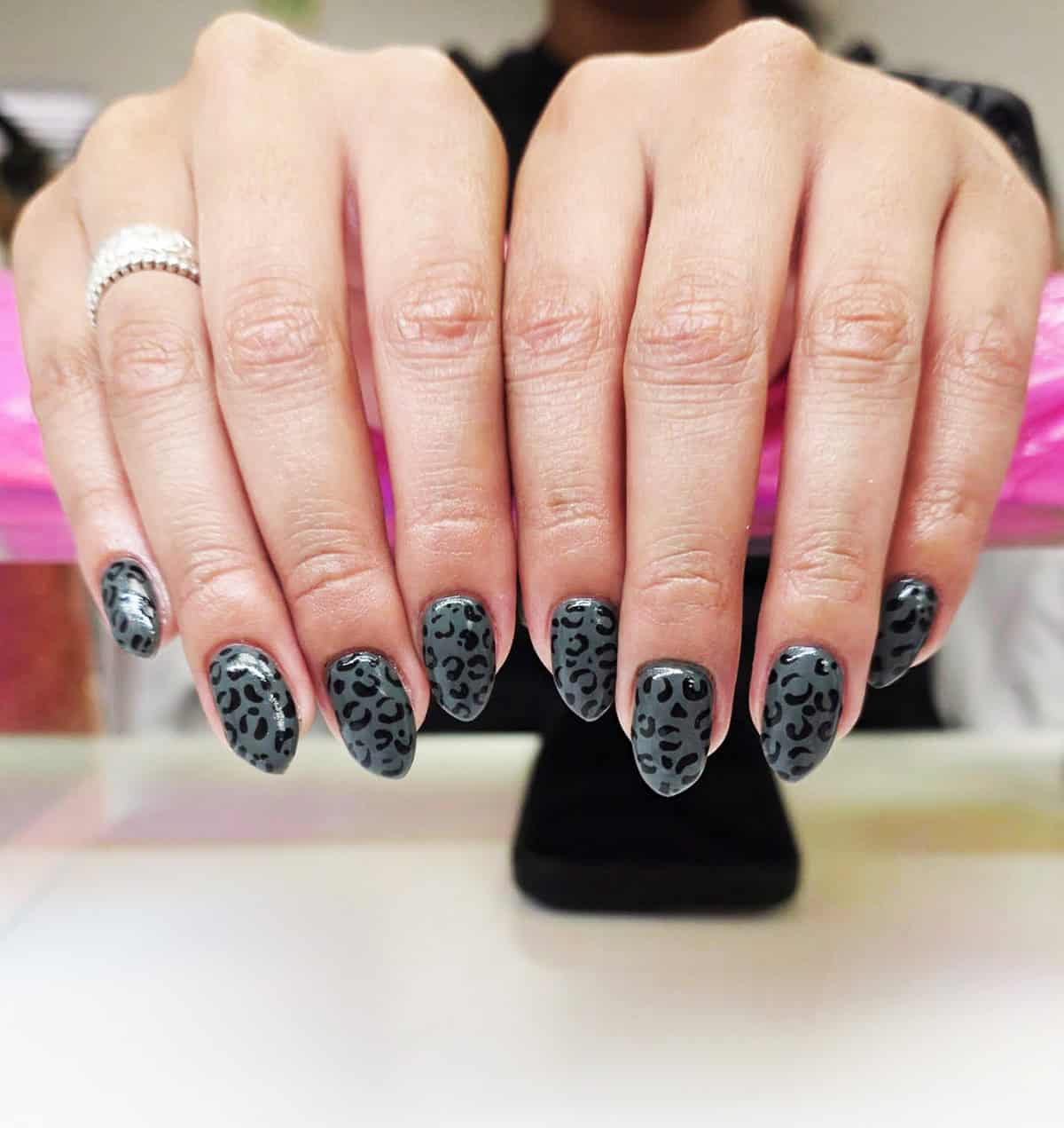 slate grey almond black leopard print nails