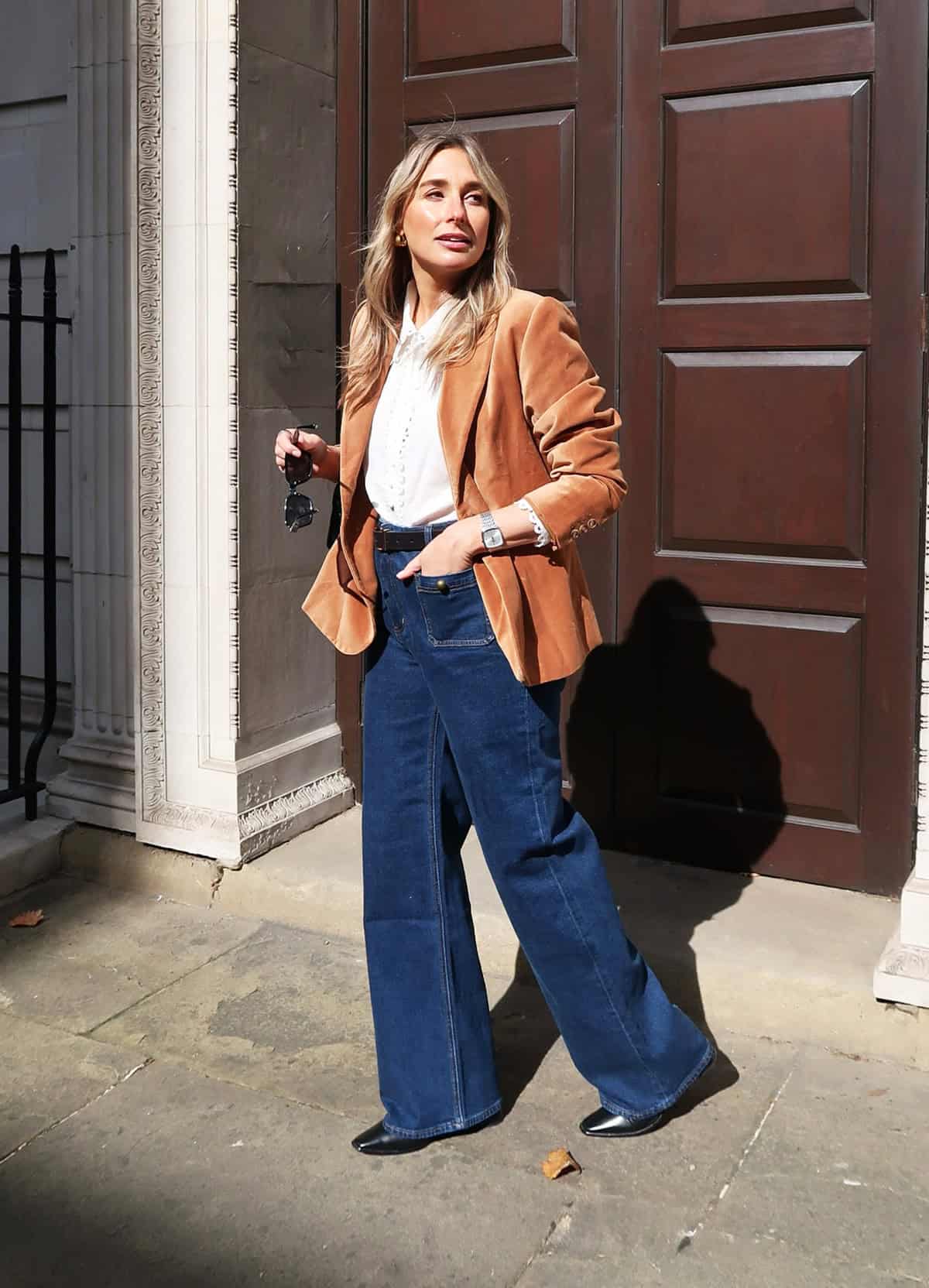 camel blazer dark wide-leg jeans for casual friday