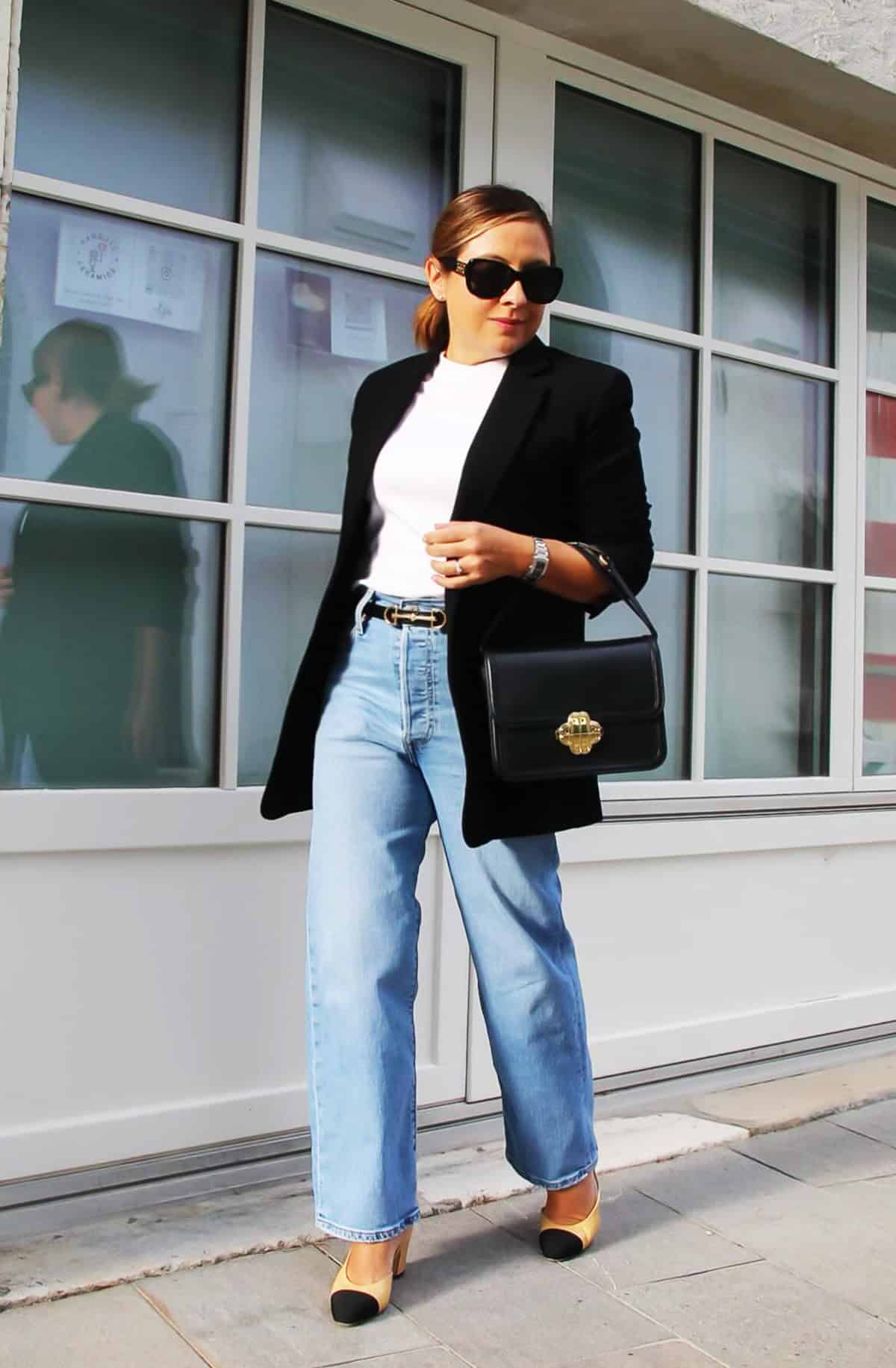 black blazer white tee jeans for casual friday