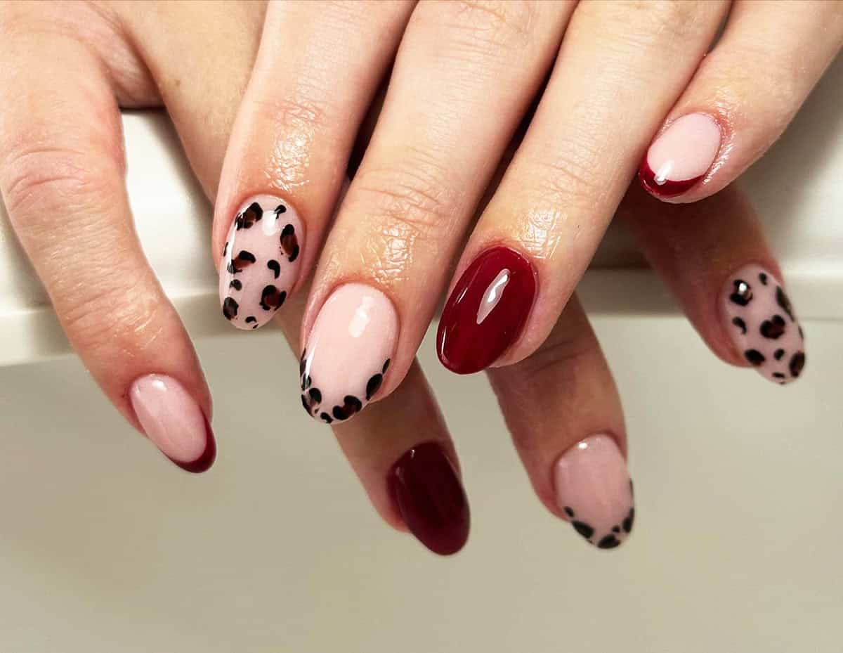 blush cranberry leopard accent nails fall leopard print nails