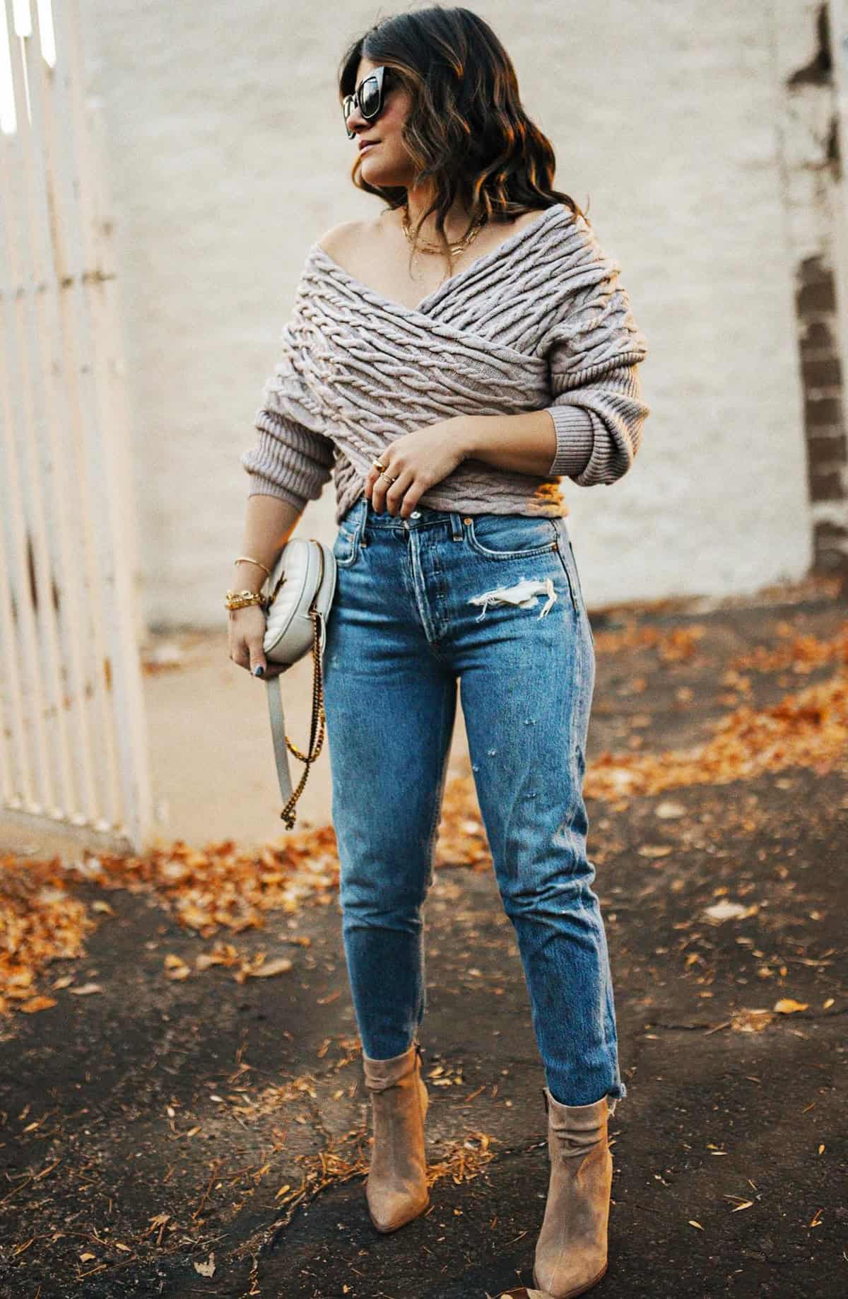 mauve wrap cable knit denim jeans and sweaters for fall