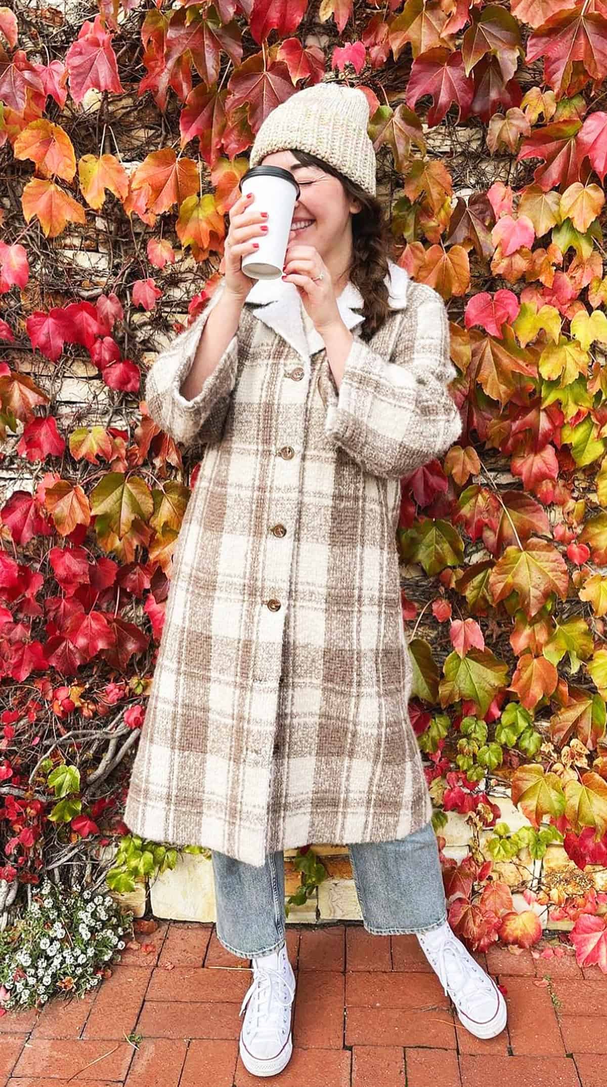plaid coat beanie light denim jeans and sweaters for fall