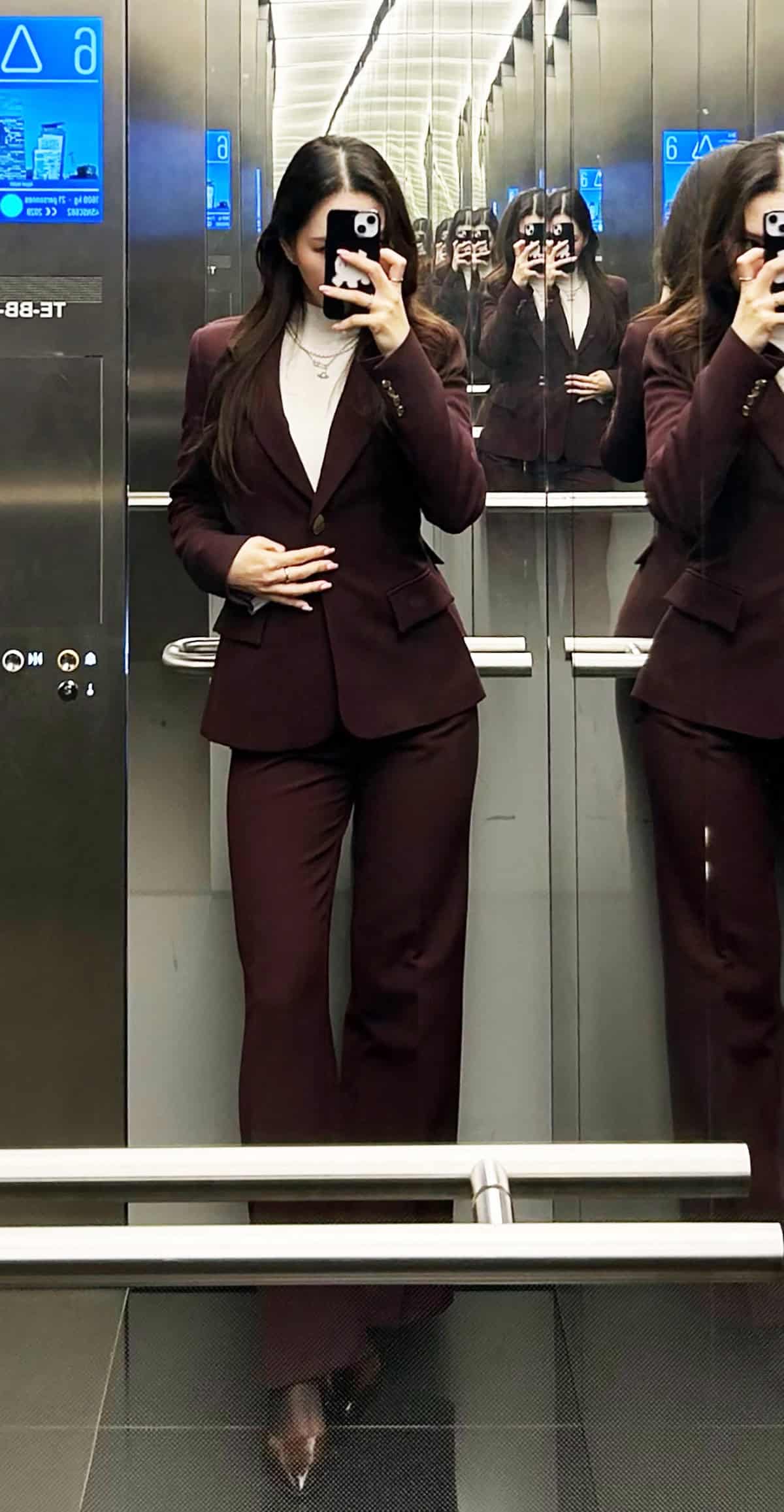 burgundy suit turtleneck outfit office attire for corporate women