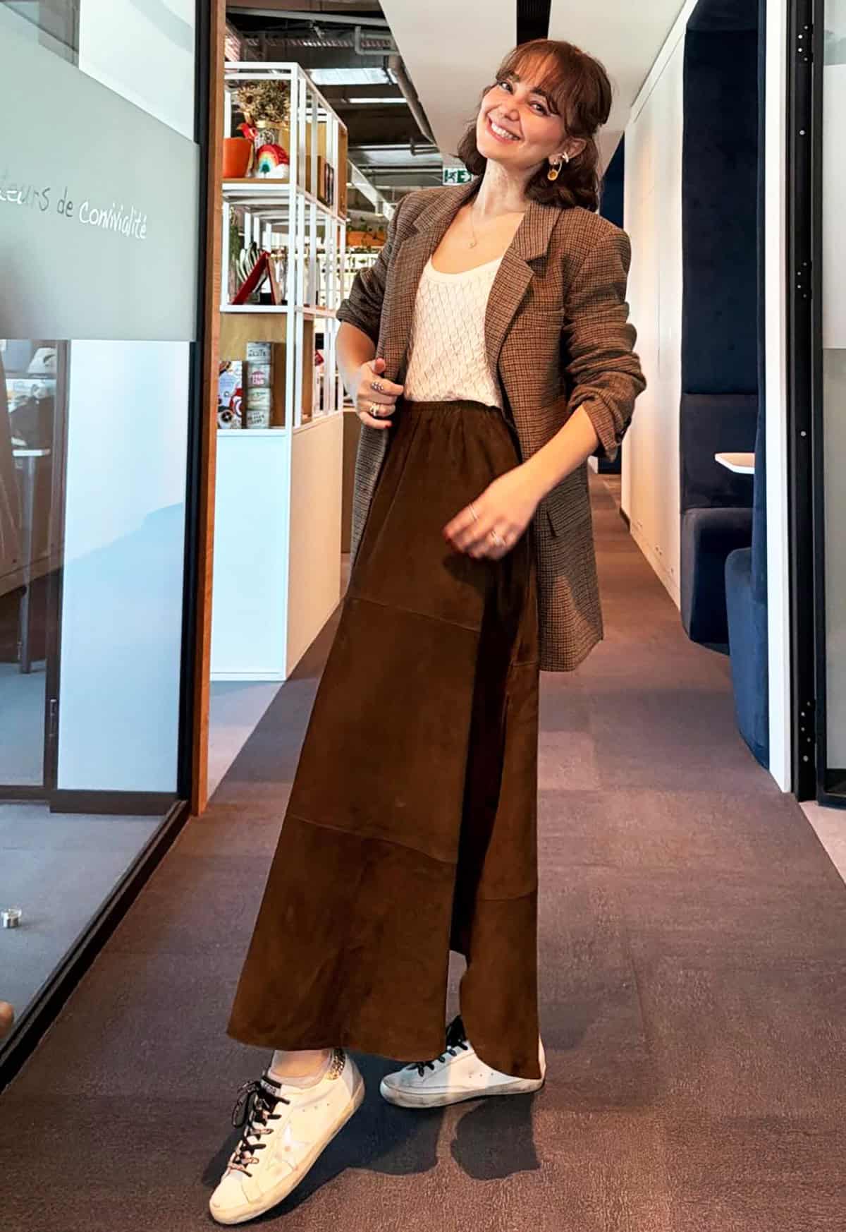 plaid blazer brown maxi skirt outfit office attire for women
