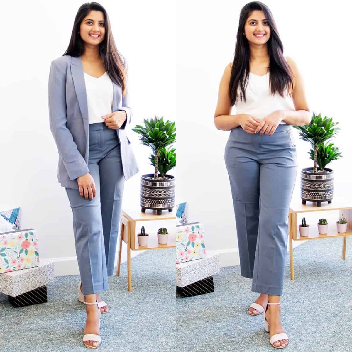 powder blue blazer suit paired with a white cami office attire for summer