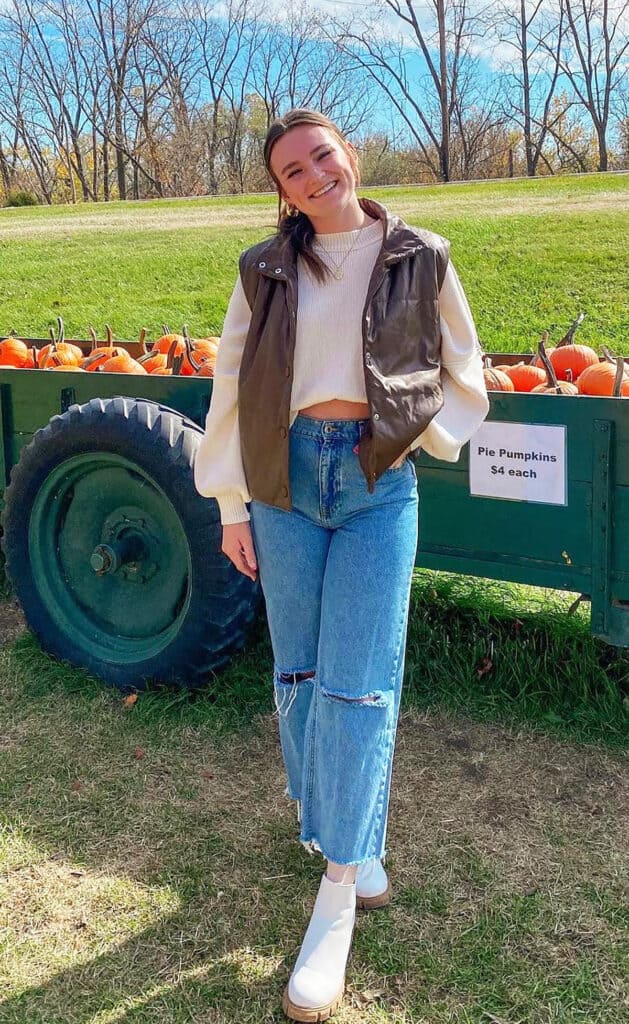 olive utility vest ripped denim jeans and sweaters for fall