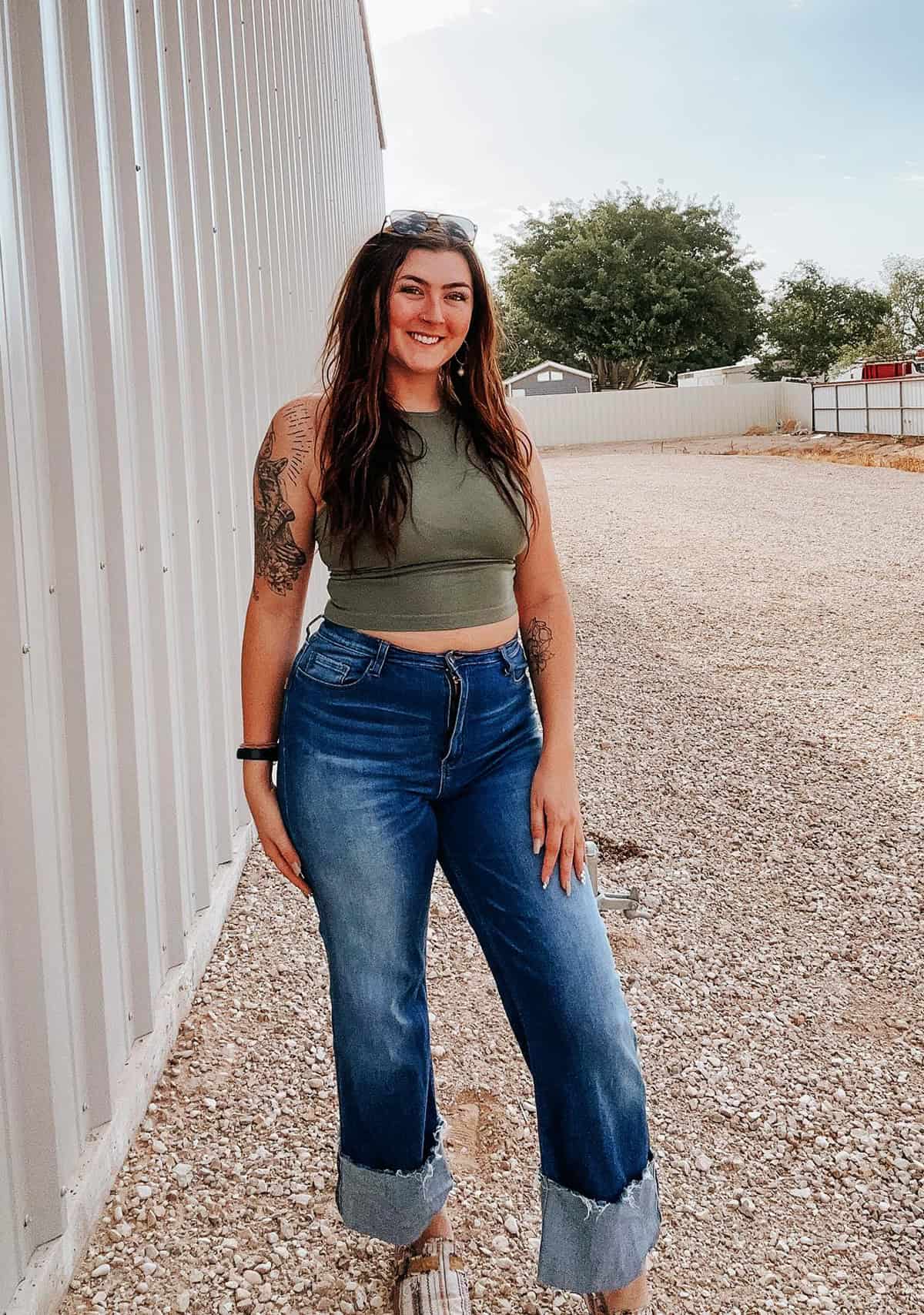 olive crop wide cuffed jeans for casual friday