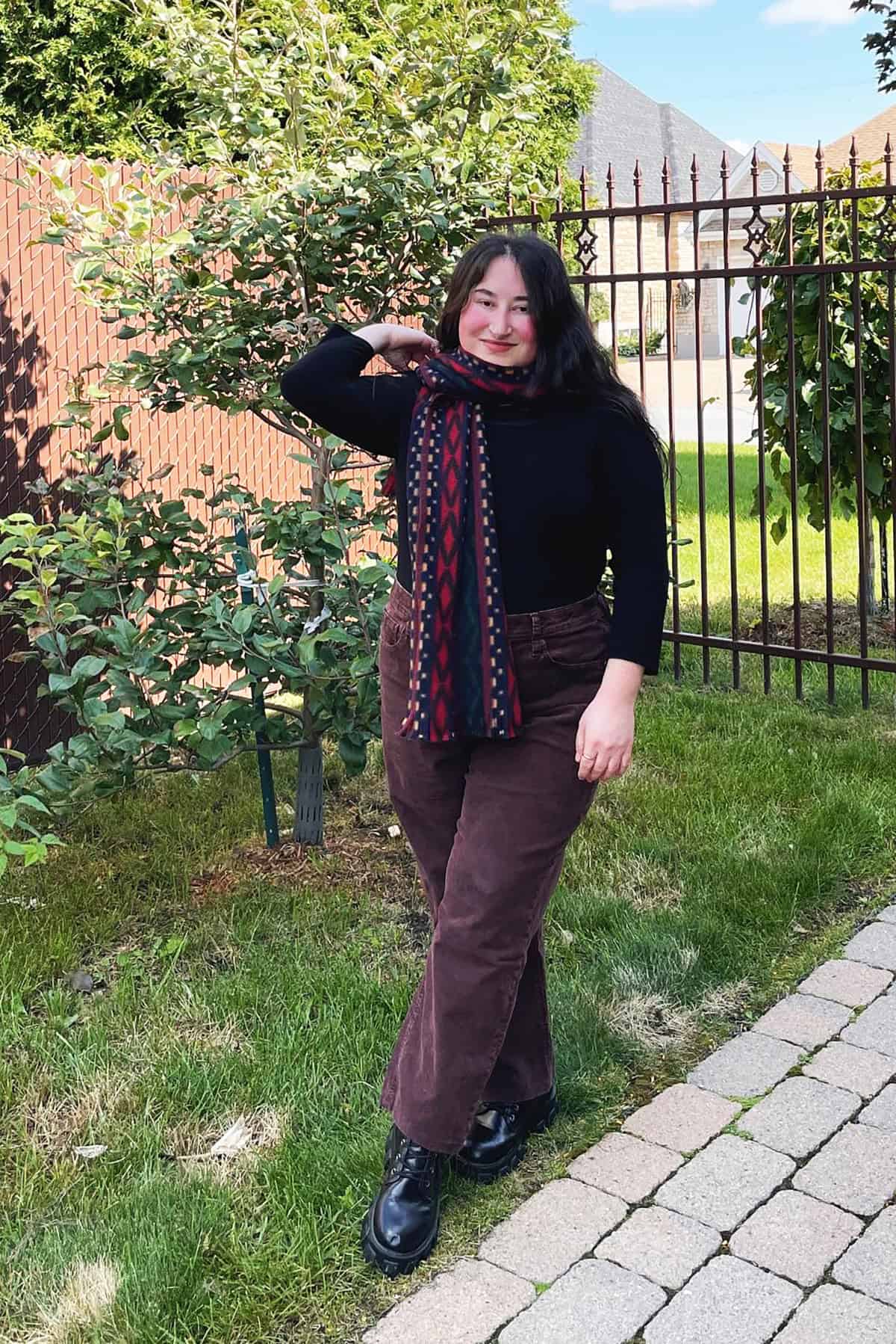 black top patterned scarf corduroy jeans and sweaters for fall
