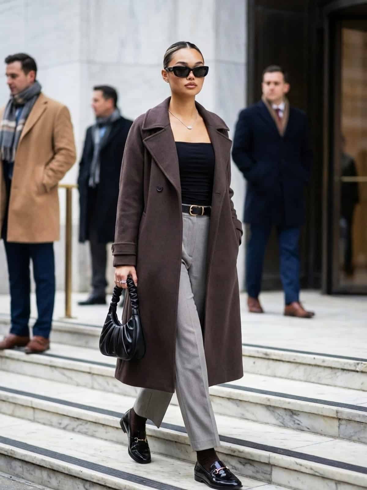 brown coat grey trouser outfit office attire for women
