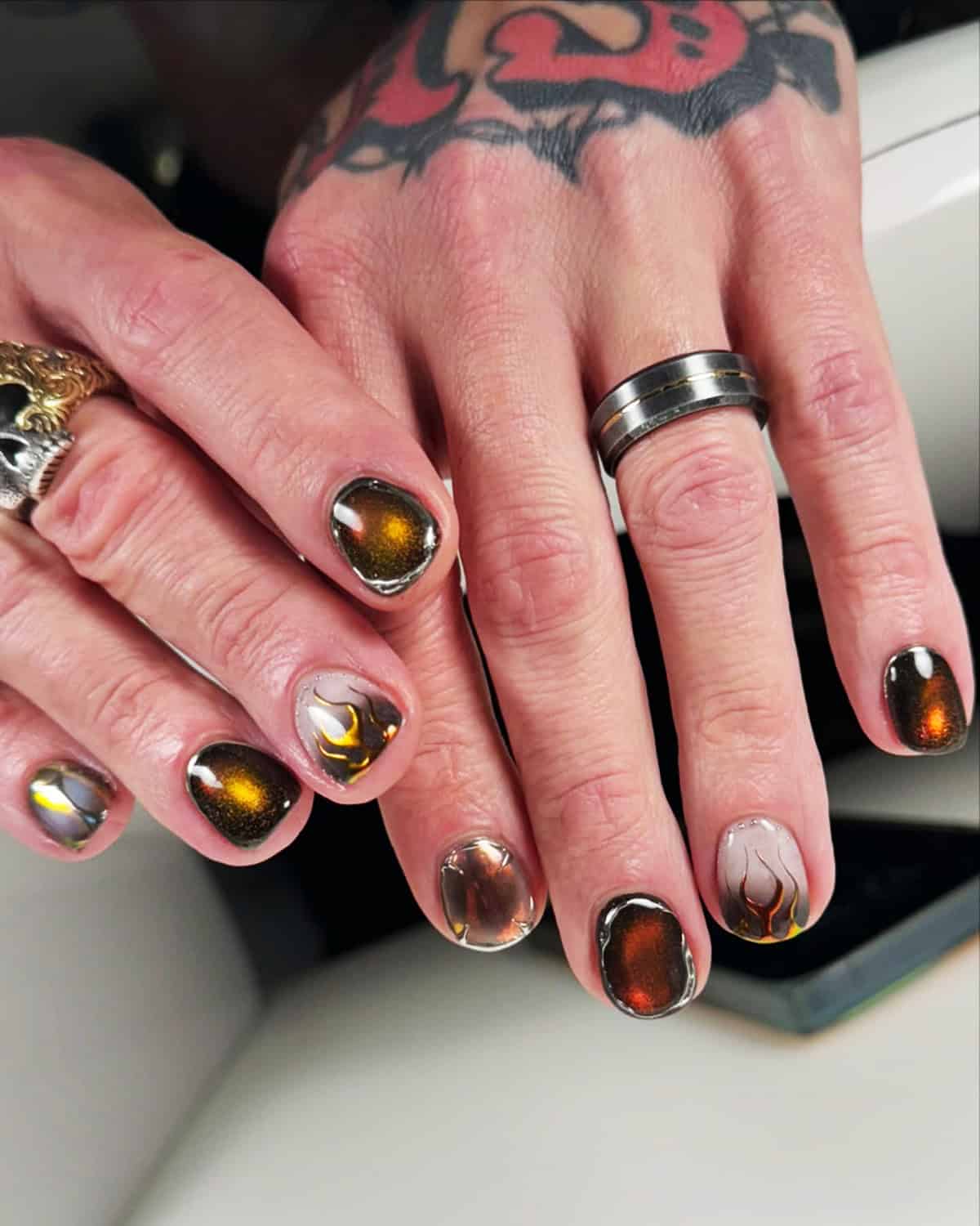amber chrome flame men's nails