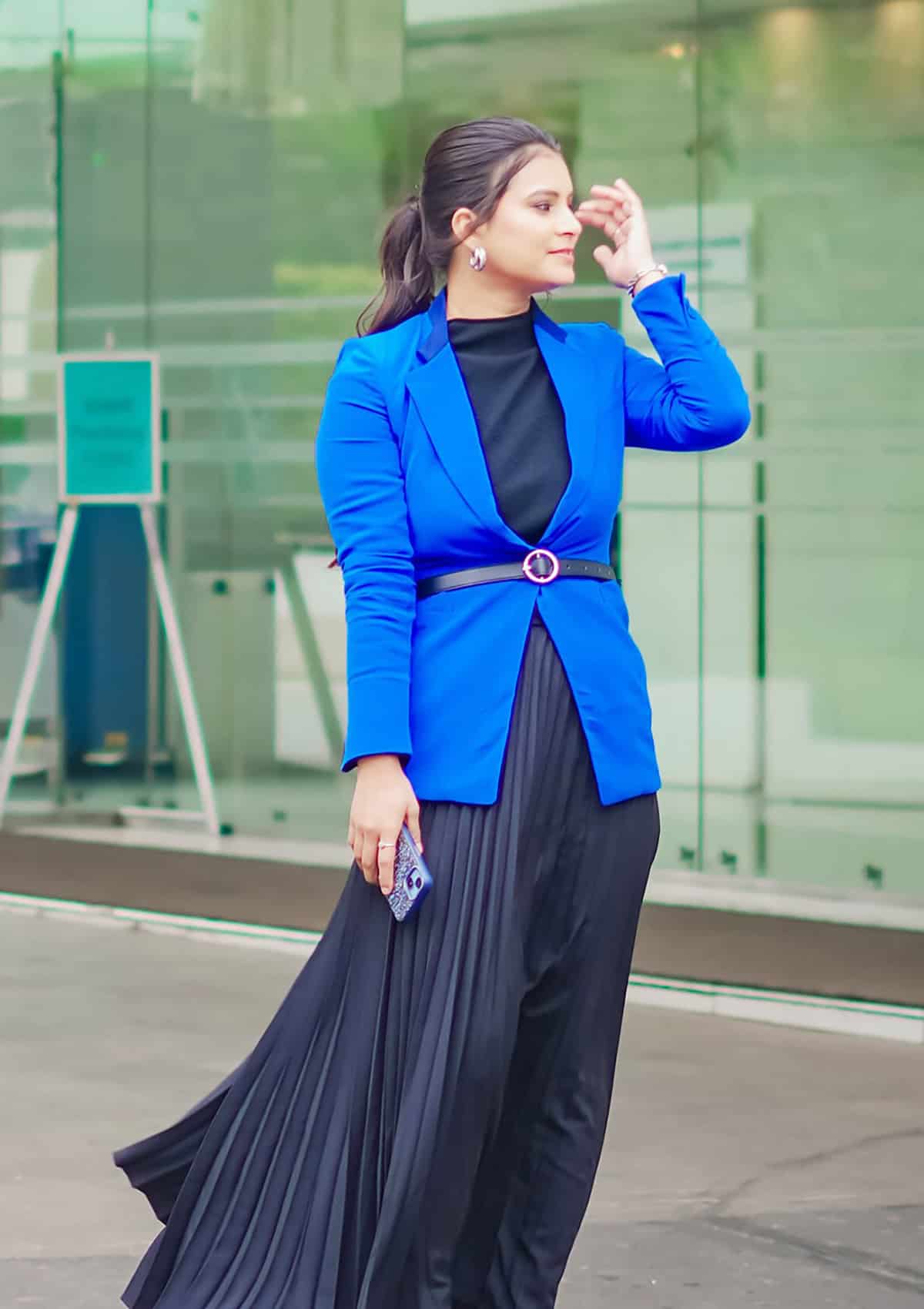  blue blazer black pleated skirt office attire for corporate women