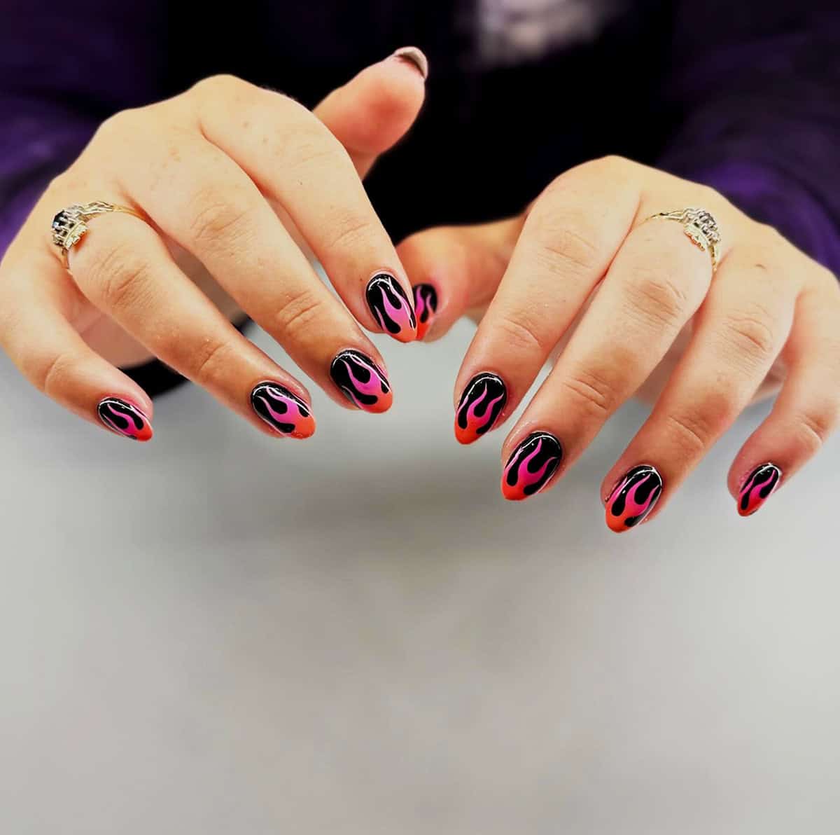 black gradient pink red flame nails