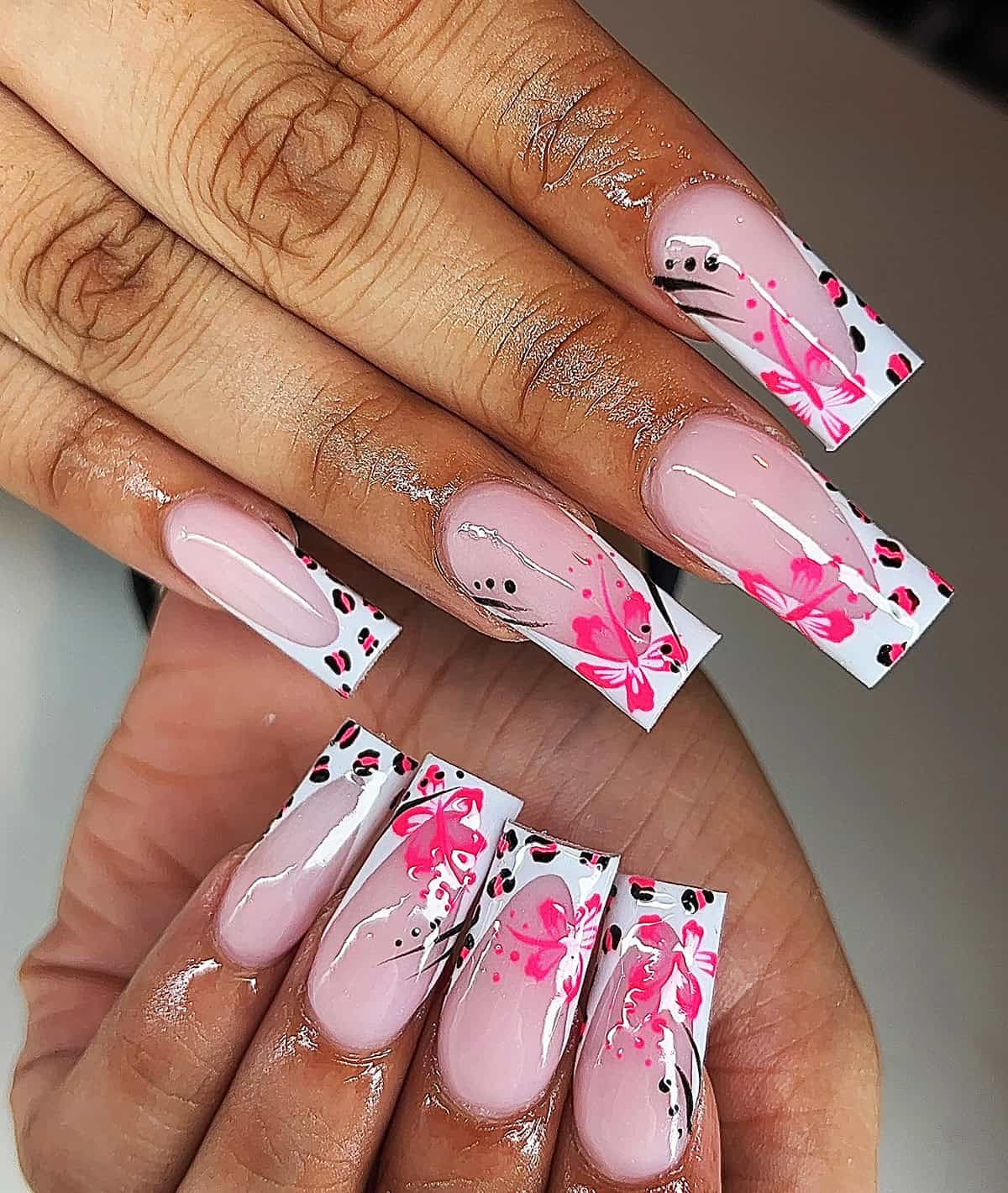 butterfly leopard French pink leopard print nails