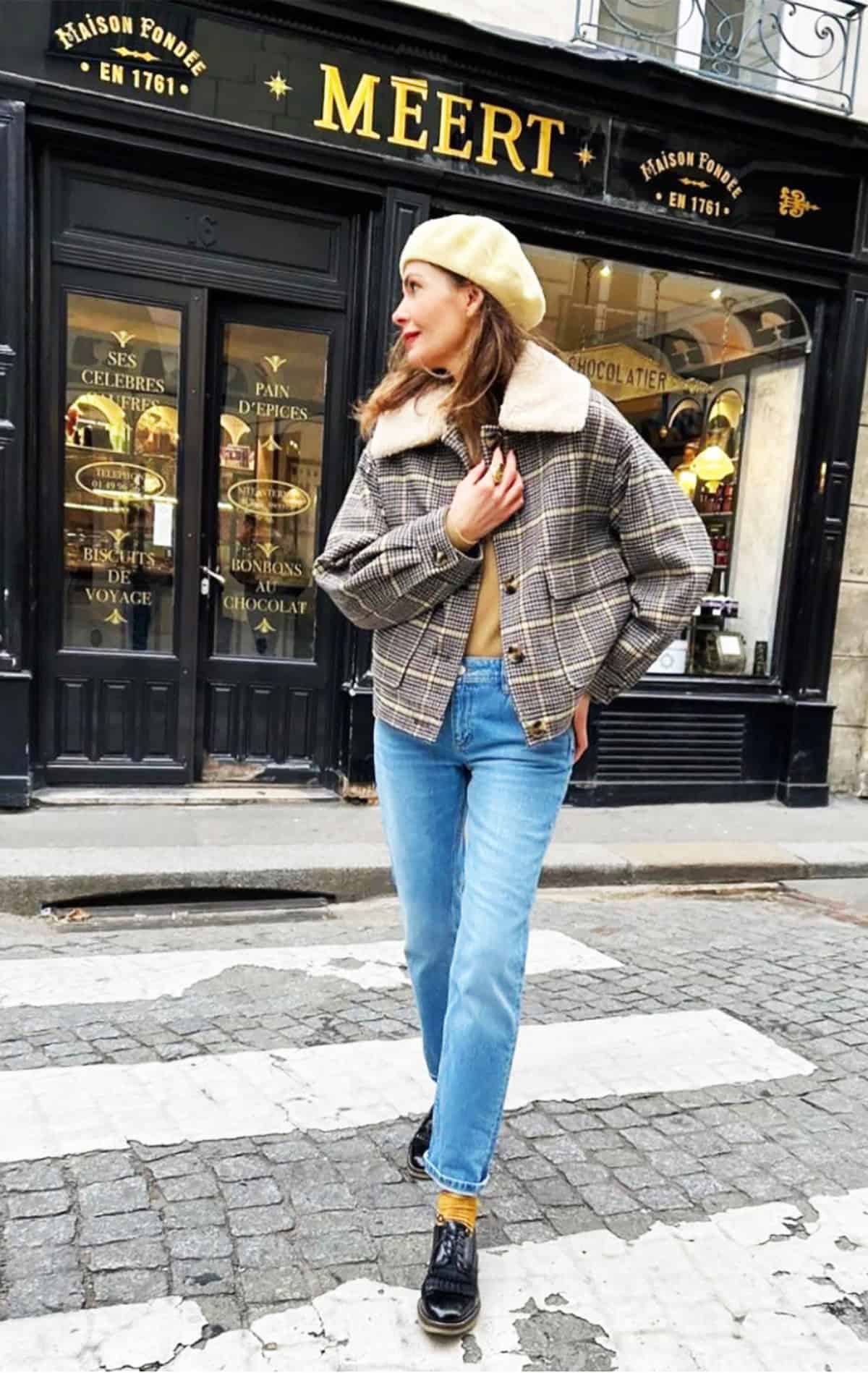 plaid sherpa jacket light straight jeans for casual friday