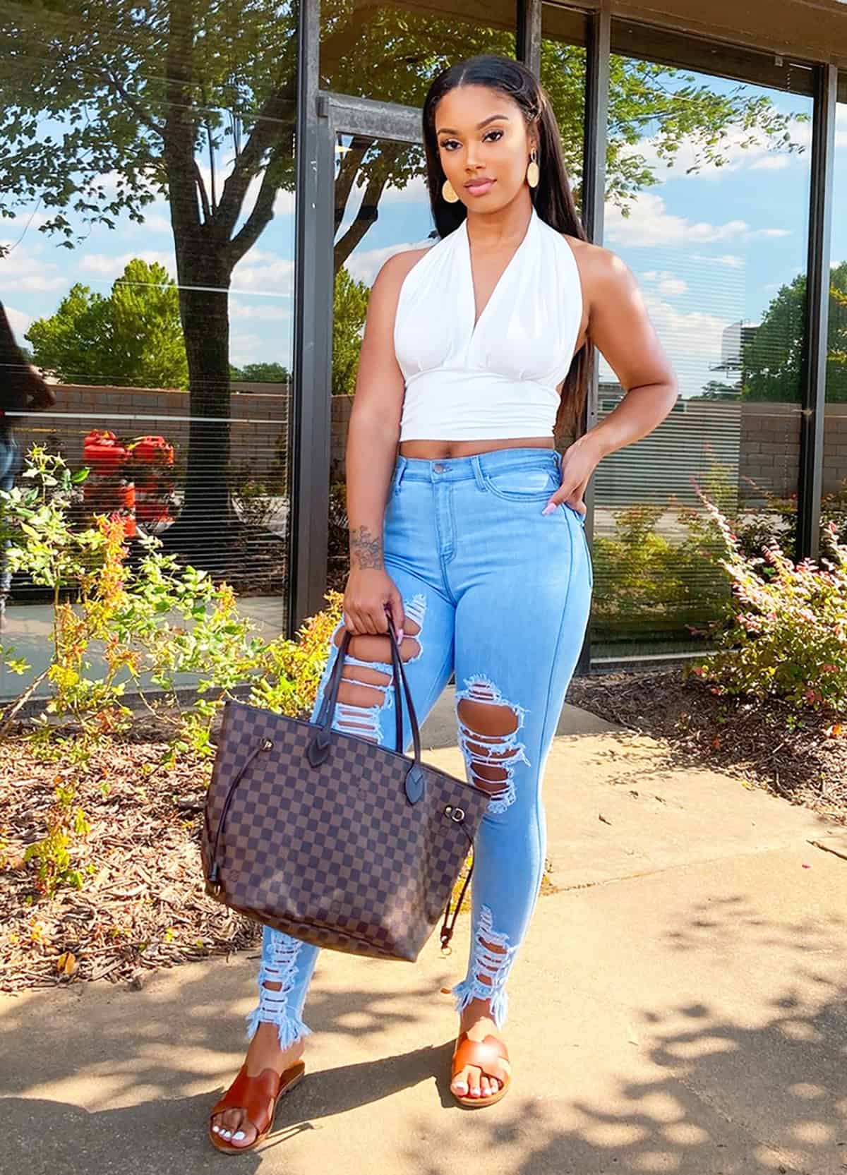 white halter distressed skinny jeans looks for summer