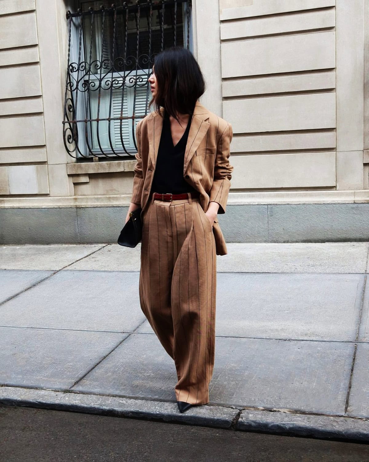 camel pinstripe suit outfit office attire for women