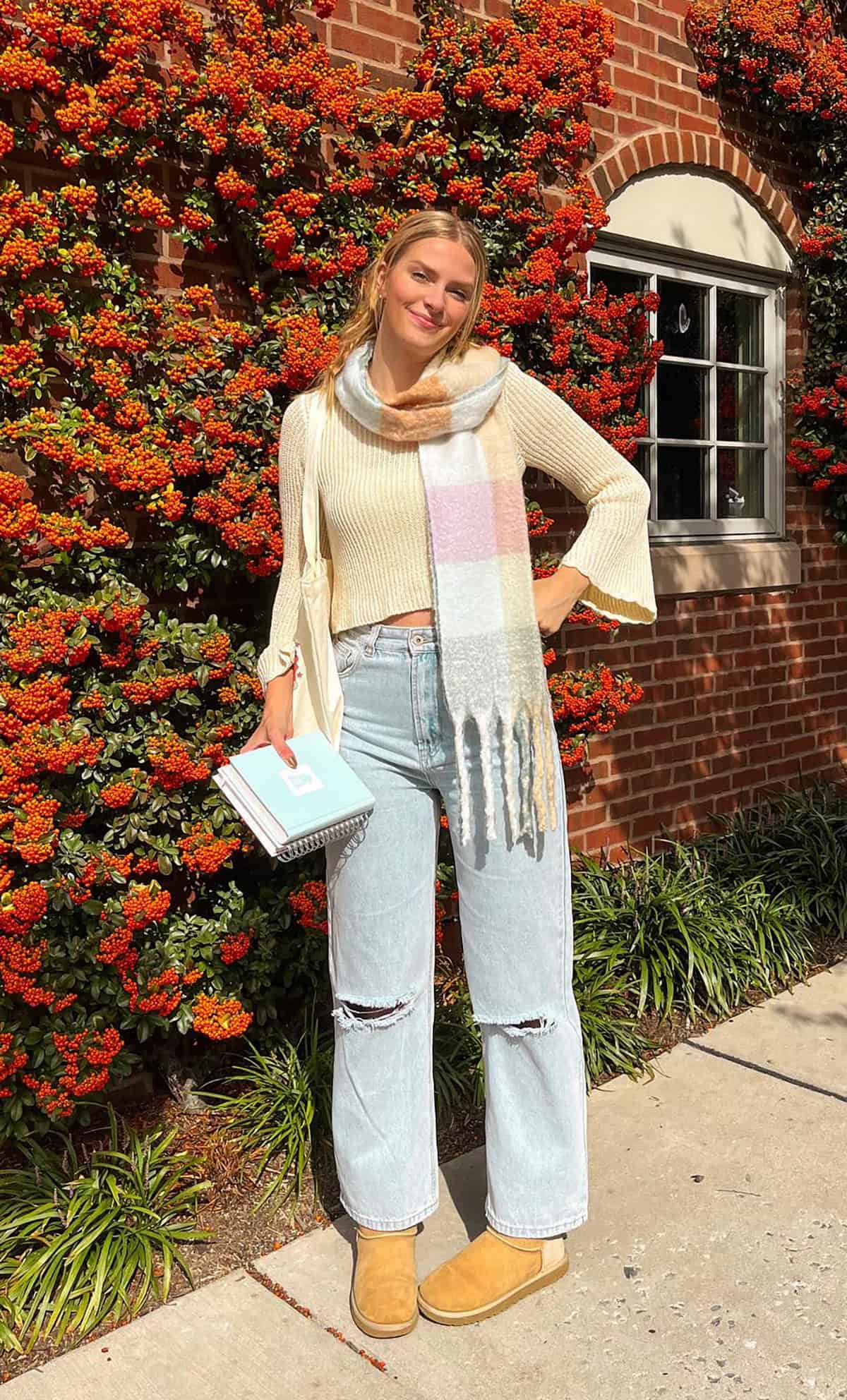 cream crop sweater blanket scarf jeans and sweaters for fall